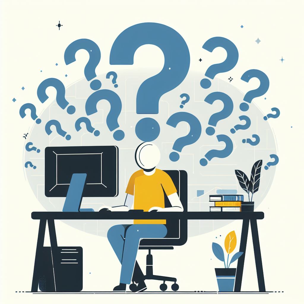 Jak zarejestrować domenę - postać przy komputerze zastanawiająca się