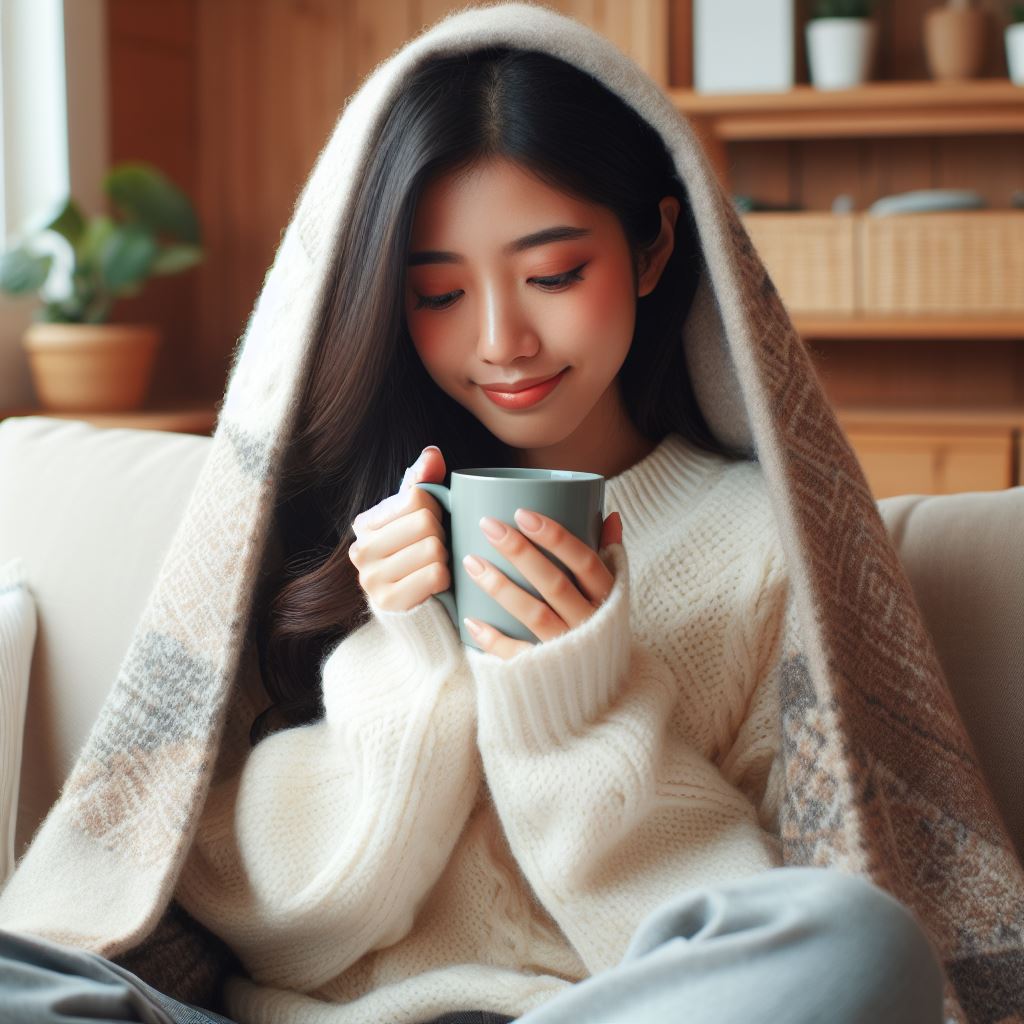 Kobieta stojąca Domowe metody na przeziębienie przykrywam się Kocem i piję gorącą herbatę z miodem