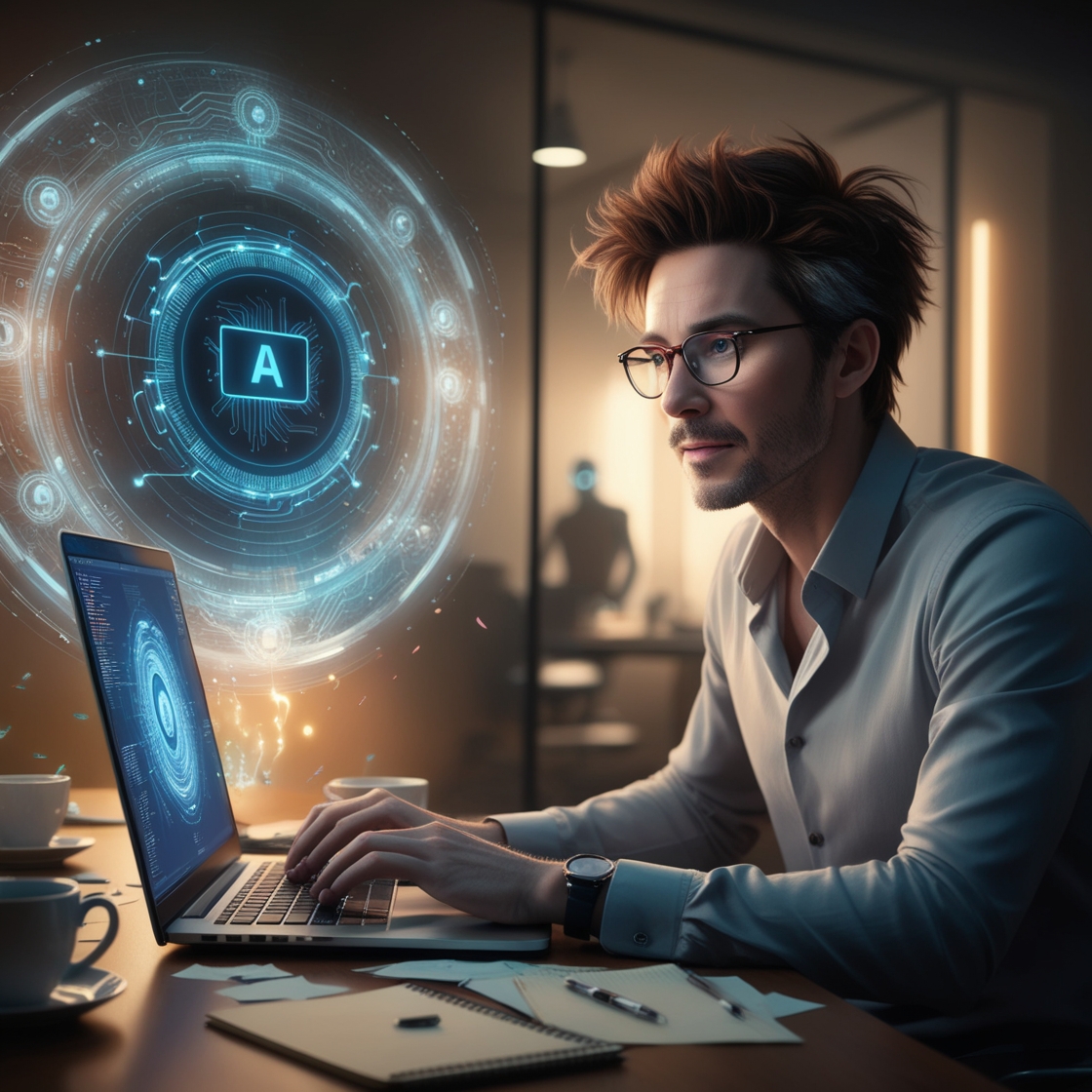 czy sztuczna inteligencja zabierze nam prace - meżczyzna pracujący z AI