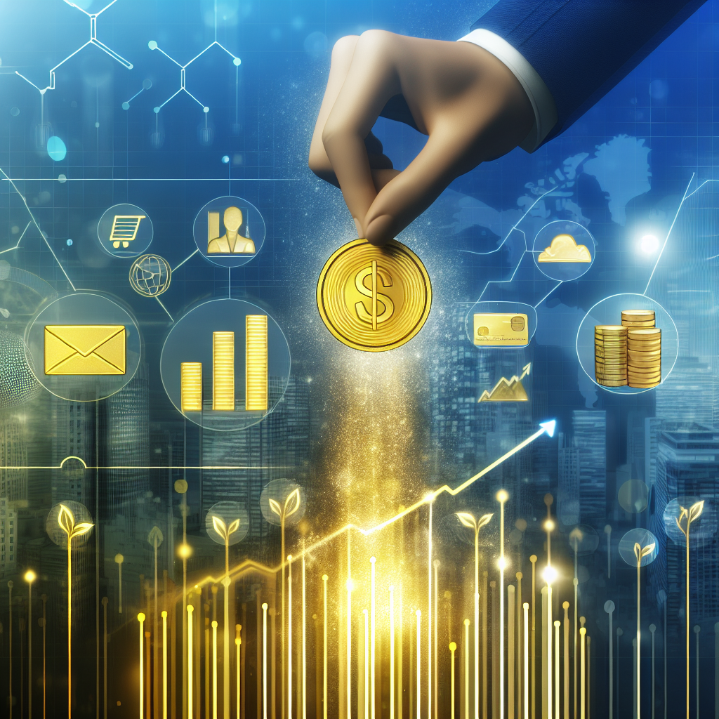 Przedsiębiorca analizujący różne opcje pożyczek biznesowych na laptopie, w tle wykresy wzrostu i symbole finansowe.