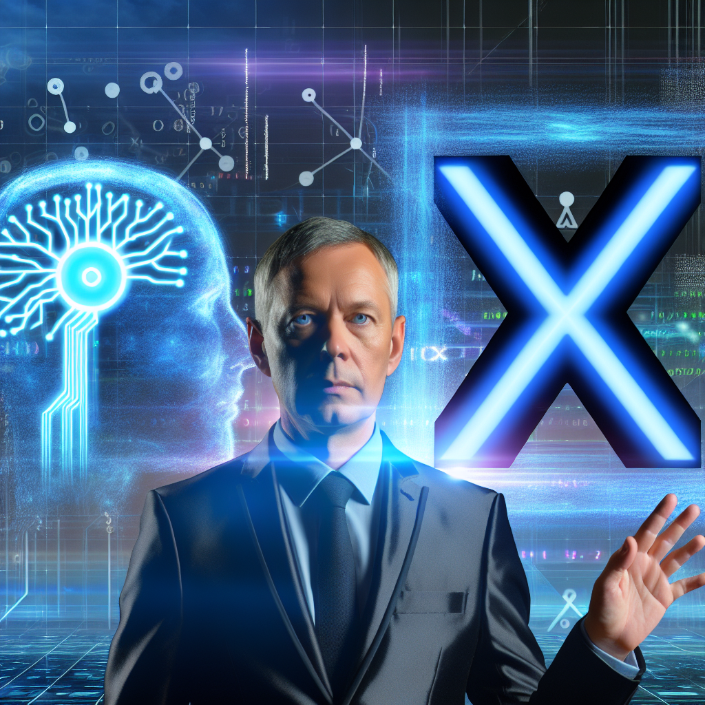 Elon Musk ogłasza fuzję xAI i X na ekranie komputera, w tle wizualizacja połączenia sztucznej inteligencji i mediów społecznościowych