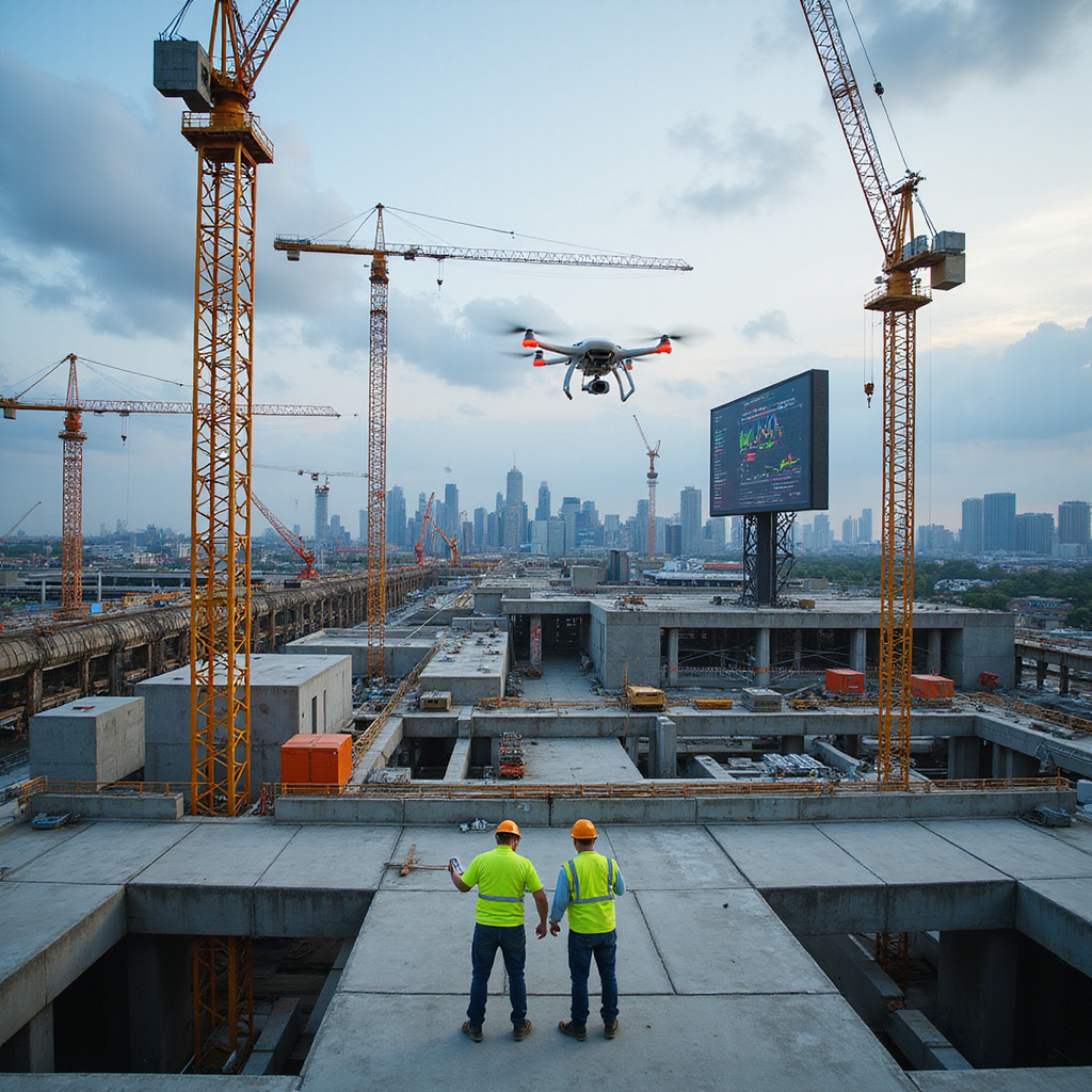 Un gestionnaire de chantier portant un casque équipé dune caméra 360 degrés, utilisant la plateforme Buildots pour suivre lavancement des travaux en temps réel.