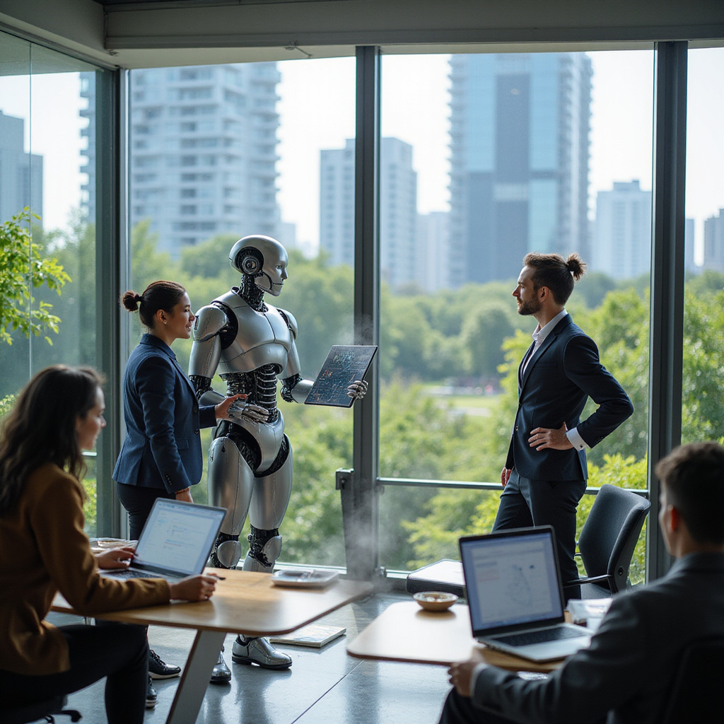 Alt-text: Wizualizacja ludzi pracujących z nowoczesnymi technologiami AI w biurze, podkreślająca zmiany na rynku pracy.