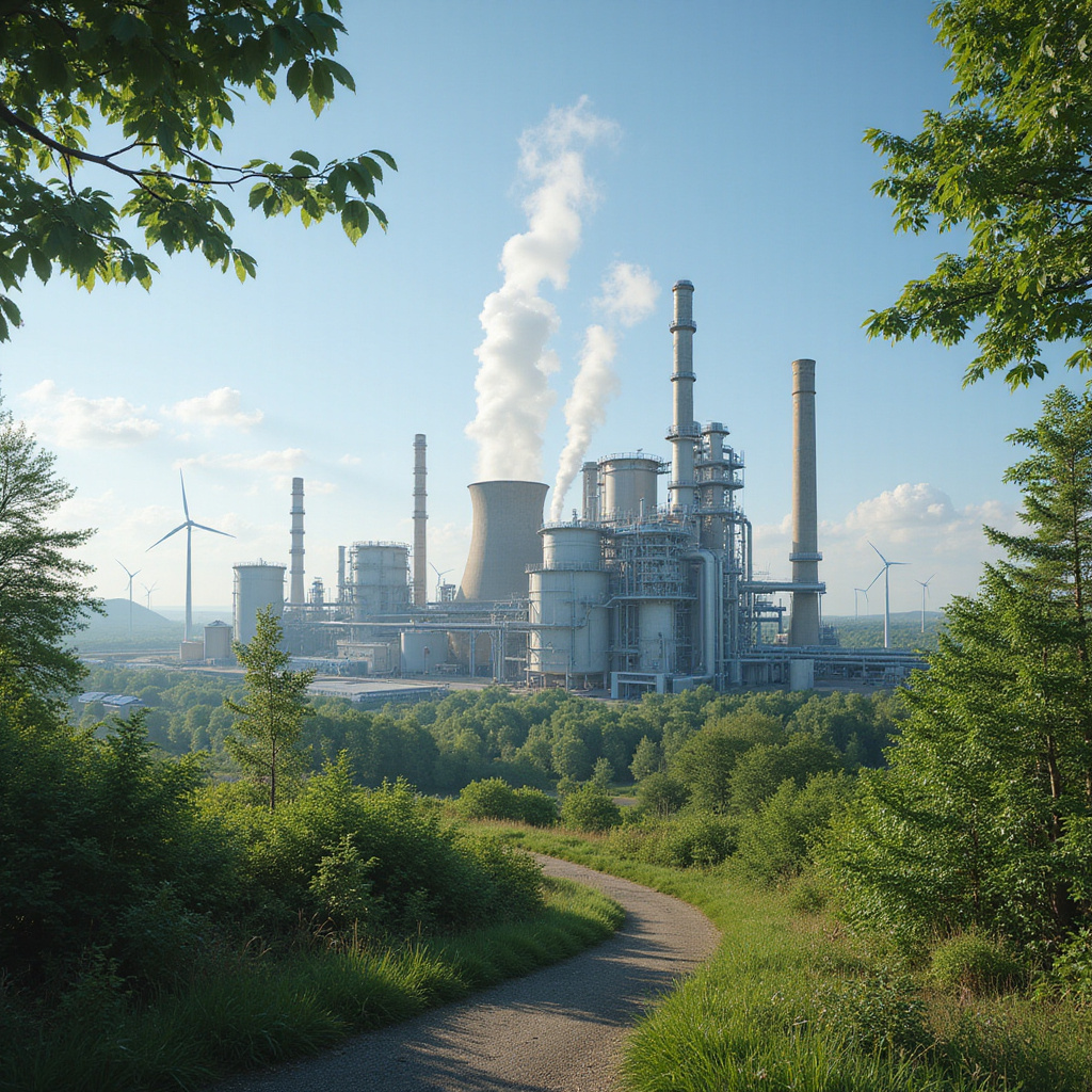 Alt-text: Ilustracja przedstawiająca nowoczesną instalację do wychwytywania dwutlenku węgla w przemyśle.