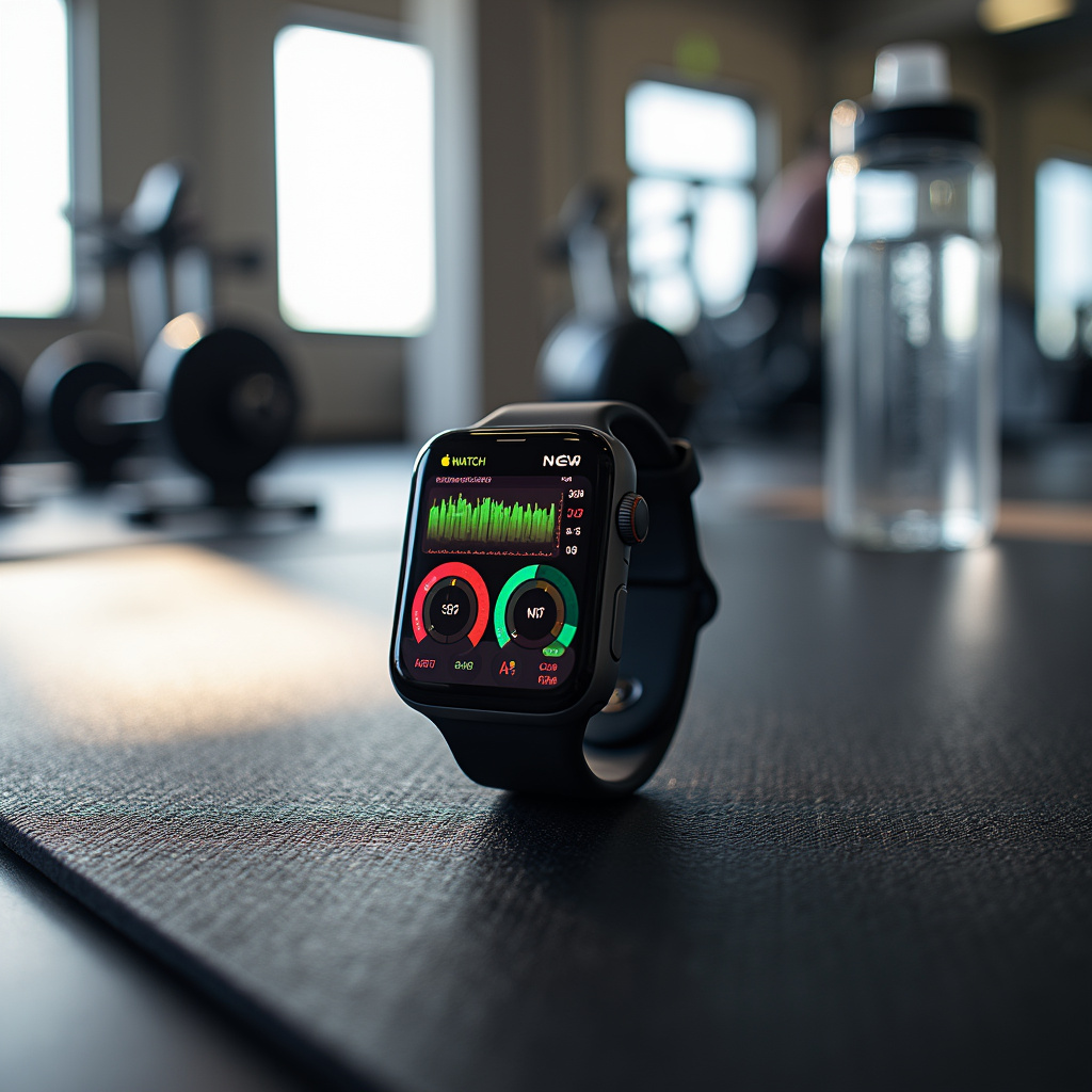 Une personne utilisant une Apple Watch avec lapplication Workout Buddy pendant une séance de course à pied, affichant des données de performance en temps réel.