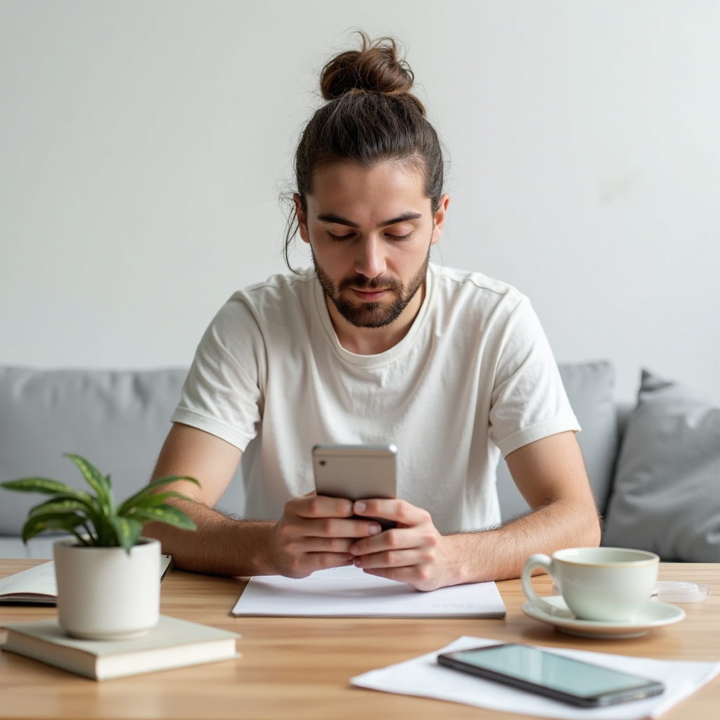 alt-text: Osoba odkładająca telefon i relaksująca się w parku, symbolizująca walkę z uzależnieniem od technologii.