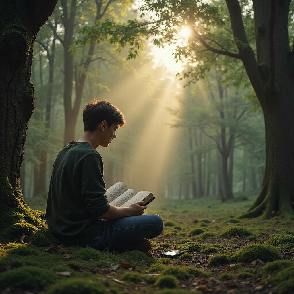 alt-text: Osoba odkładająca telefon i relaksująca się w parku, symbolizująca walkę z uzależnieniem od technologii.