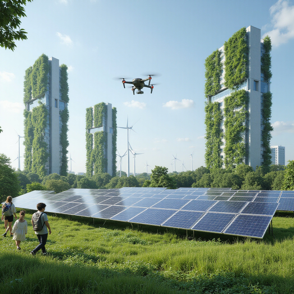 Alt-text: Panele słoneczne i turbiny wiatrowe jako przykłady technologii wspierających zrównoważony rozwój.