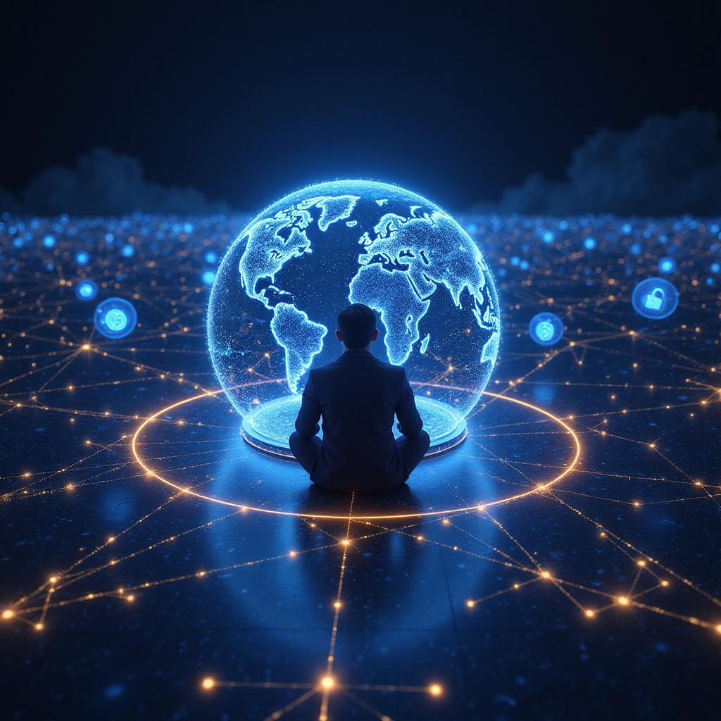 Mężczyzna korzystający z laptopa z widocznym logo VPN na ekranie, siedzący w kawiarni z filiżanką kawy.