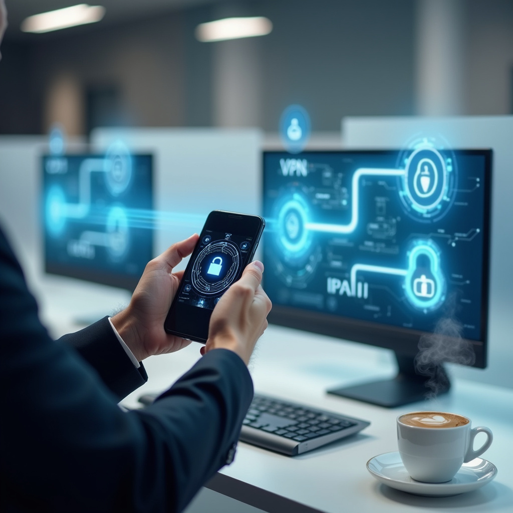 Alt-text: Zespół pracujący zdalnie z wykorzystaniem bezpiecznego VPN w nowoczesnym biurze.