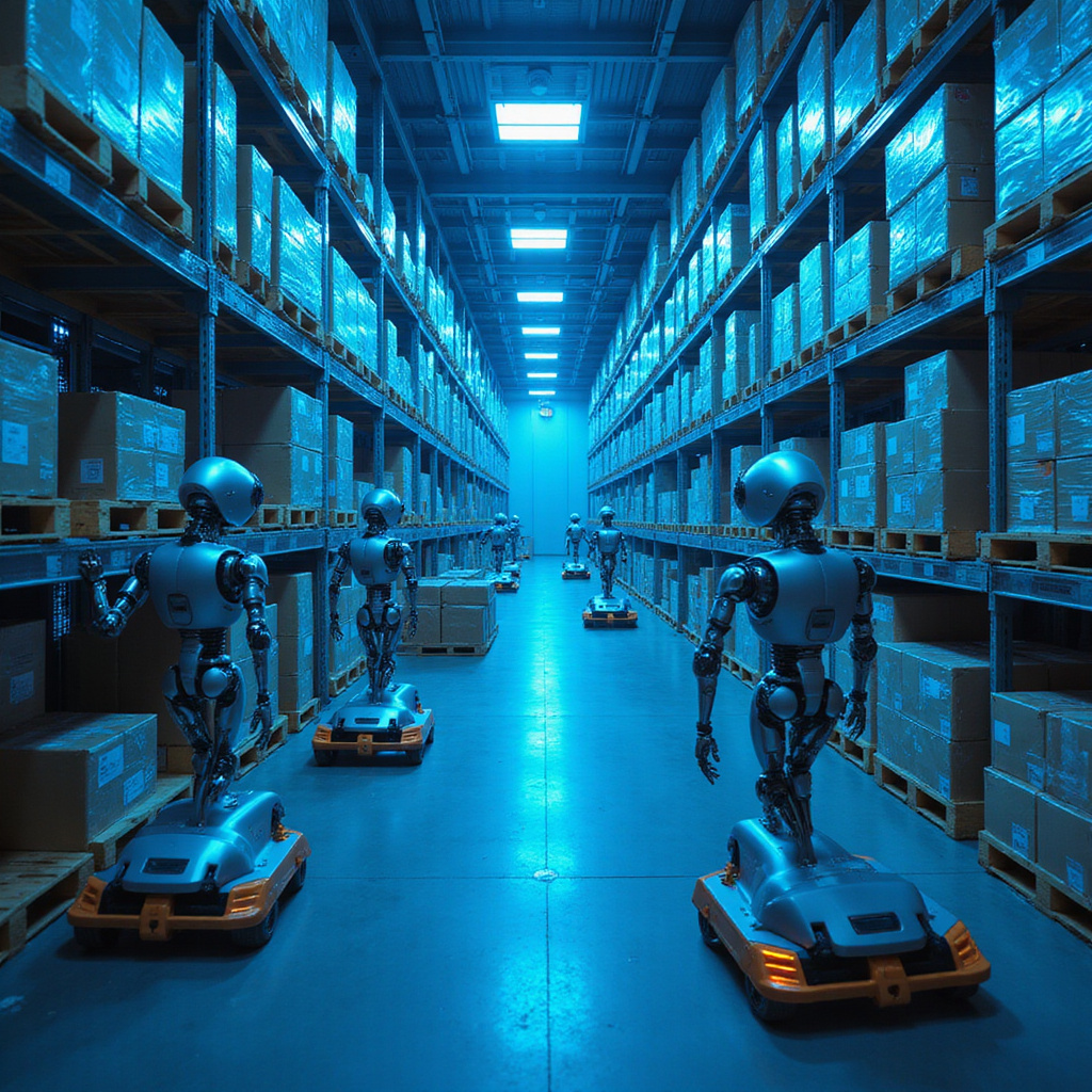 Roboty w magazynie Warp pracujące nad optymalizacją procesów logistycznych.