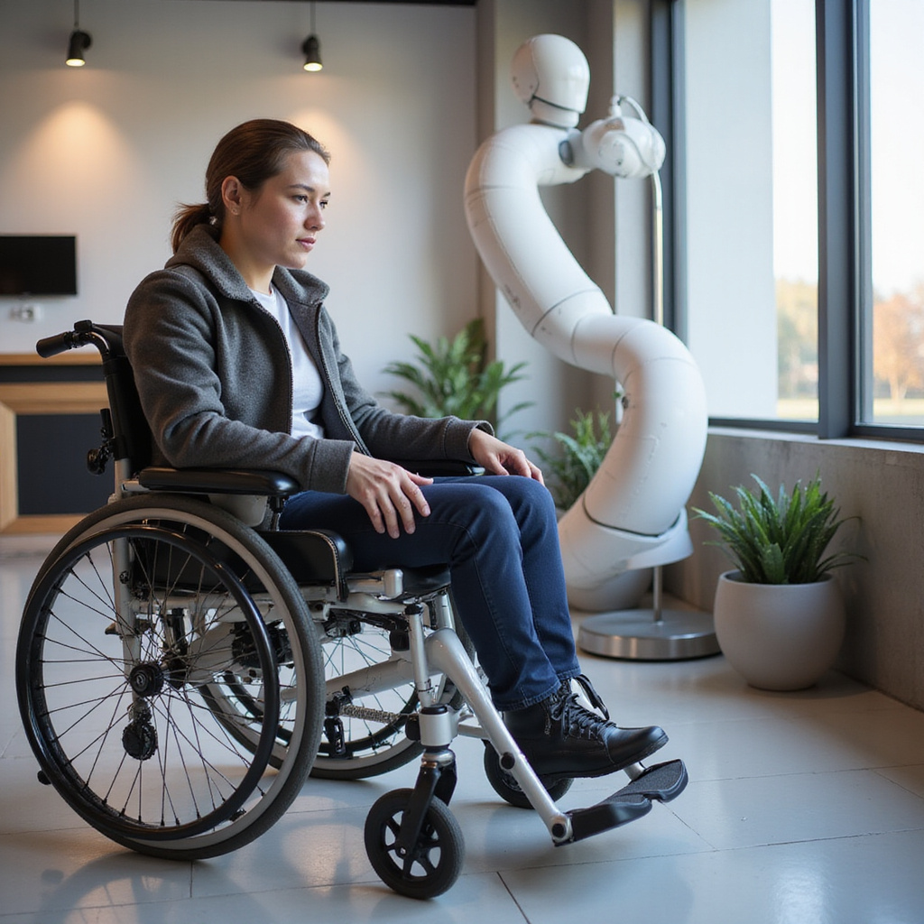 Mężczyzna korzystający z egzoszkieletu podczas rehabilitacji, wspierany przez terapeutę, w nowoczesnym centrum medycznym.