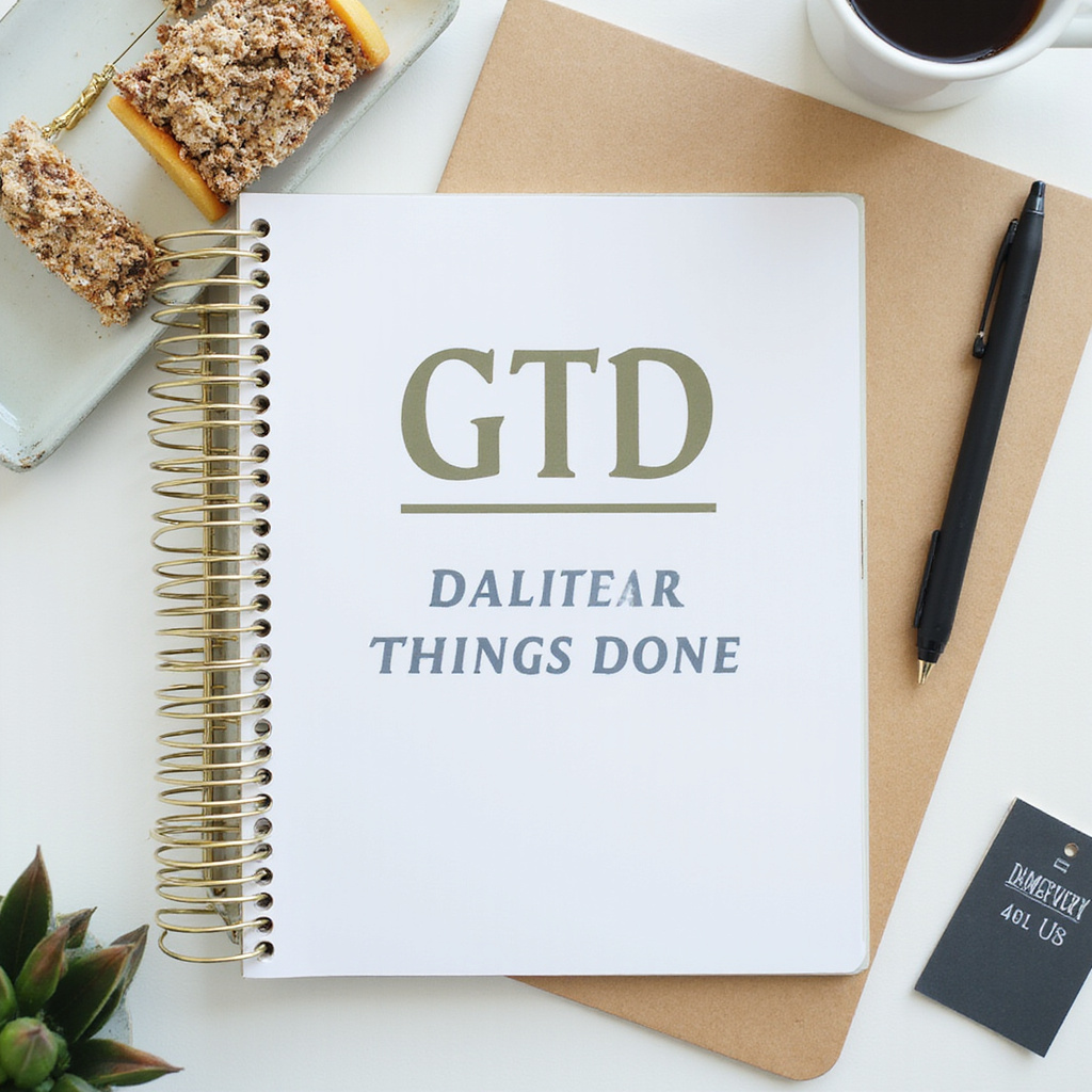 Alt-text: Zdjęcie biurka z laptopem, notesem i kalendarzem, ilustrujące organizację pracy zdalnej z wykorzystaniem systemu Getting Things Done.