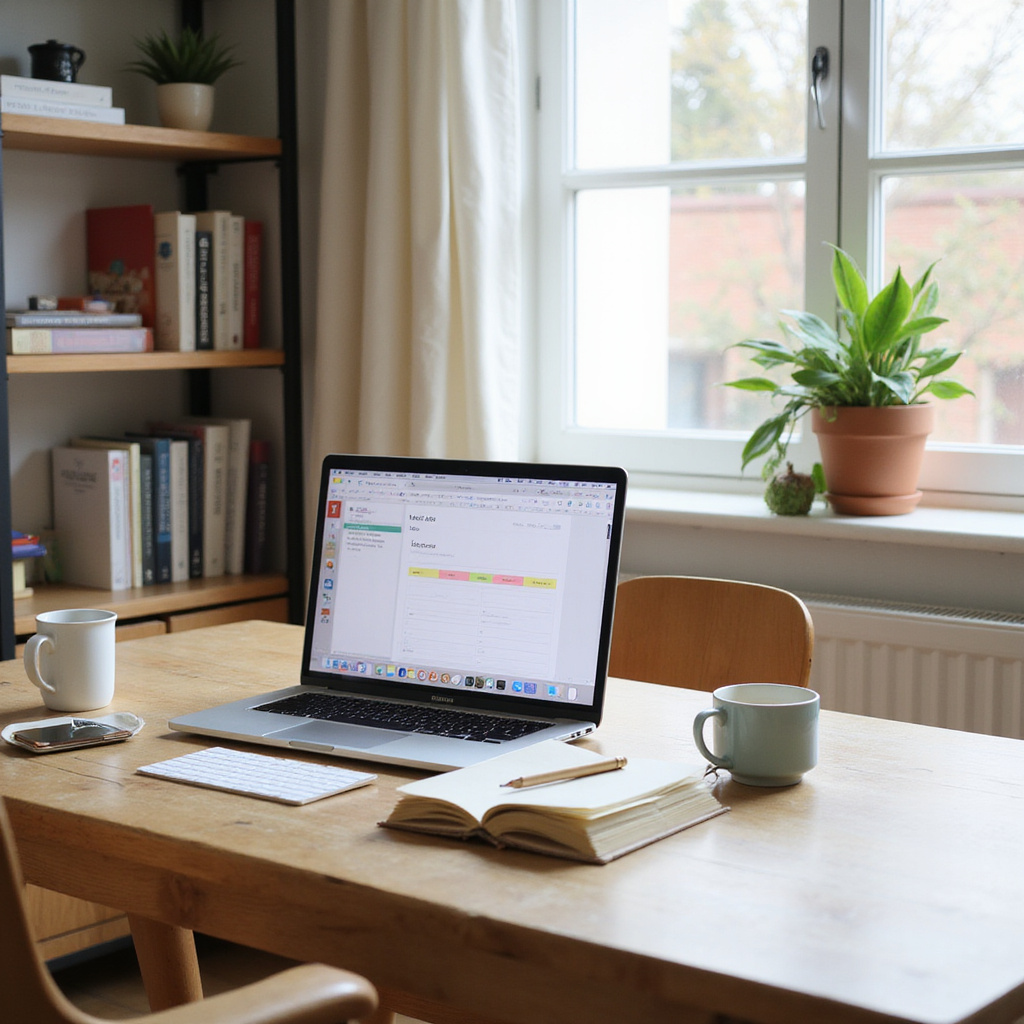 Alt-text: Zdjęcie biurka z laptopem, notesem i kalendarzem, ilustrujące organizację pracy zdalnej z wykorzystaniem systemu Getting Things Done.