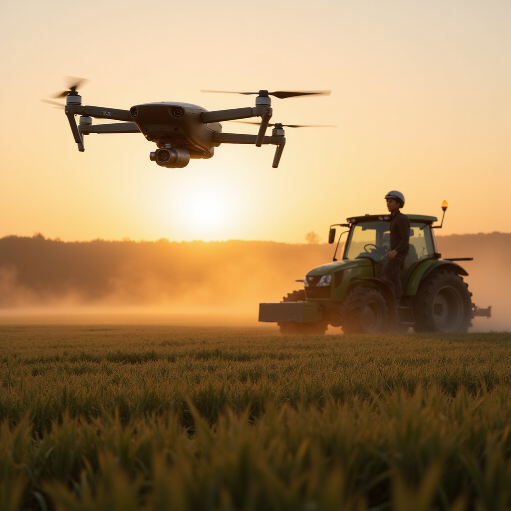 alt-text: Dron monitorujący pole uprawne z wykorzystaniem sztucznej inteligencji w rolnictwie precyzyjnym.