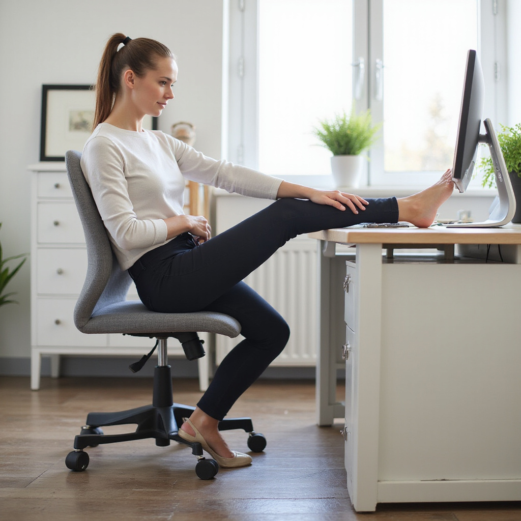 alt-text: Kobieta wykonująca ćwiczenia rozciągające przy biurku, dbając o kręgosłup podczas pracy.