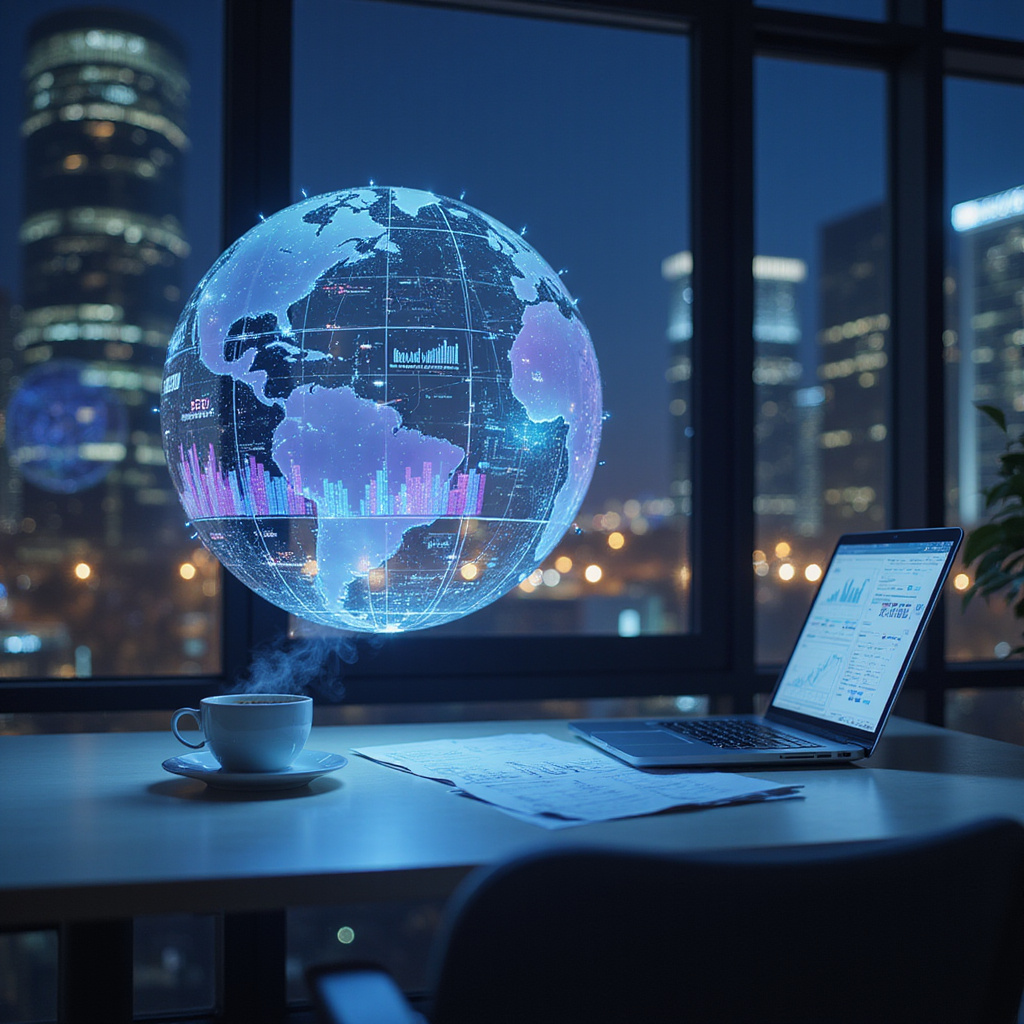 Alt-text: Wizualizacja sztucznej inteligencji analizującej dane finansowe na ekranie komputera.