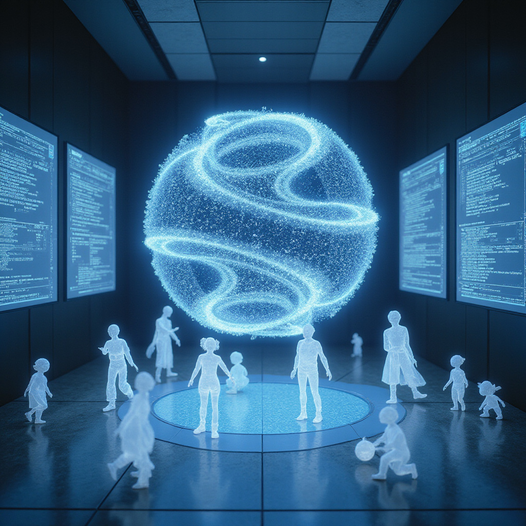 Alt-text: Wizualizacja sztucznej inteligencji w grach komputerowych, pokazująca realistyczne postacie i dynamiczne środowisko gry.