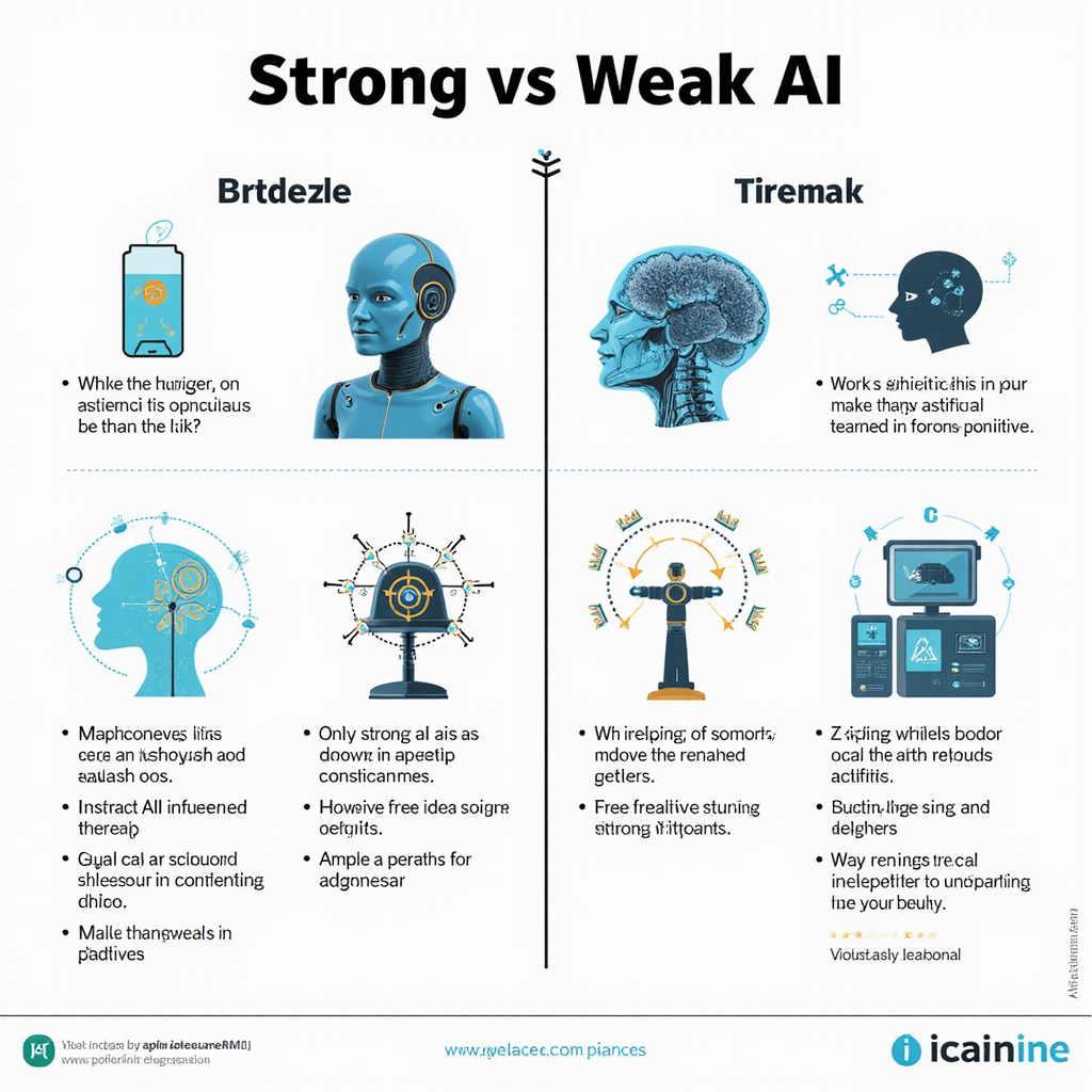 Alt-text: Porównanie silnej i słabej sztucznej inteligencji - schemat przedstawiający różnice w możliwościach i zastosowaniach AI. ```