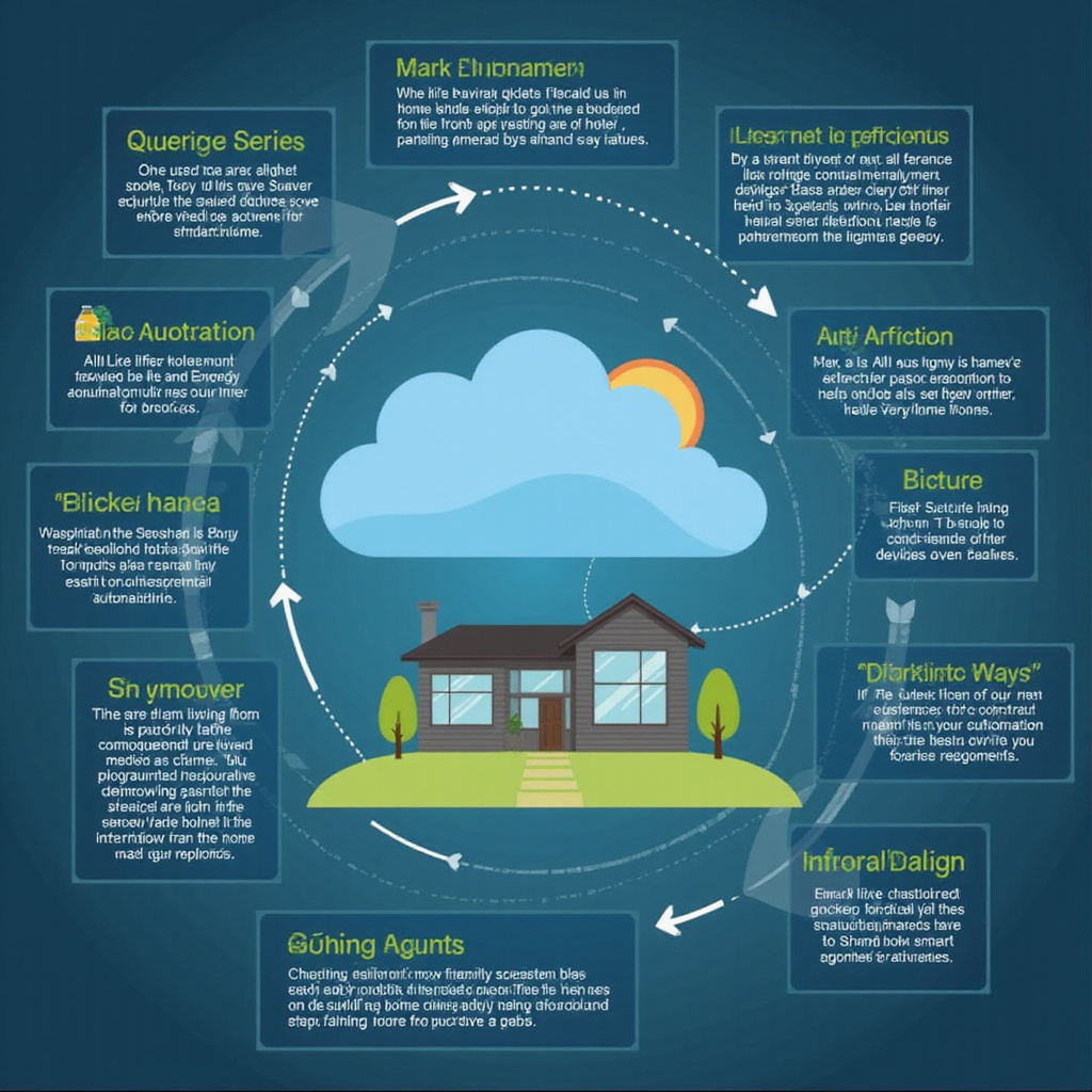 alt-text: Nowoczesny dom z inteligentnym oświetleniem, systemem bezpieczeństwa i termostatem, które są sterowane za pomocą aplikacji na smartfonie.