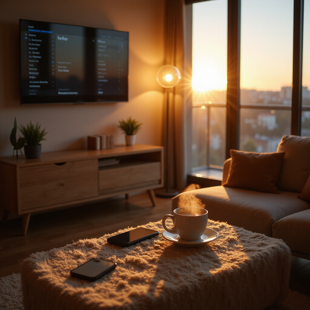 alt-text: Nowoczesny dom z inteligentnym oświetleniem, systemem bezpieczeństwa i termostatem, które są sterowane za pomocą aplikacji na smartfonie.