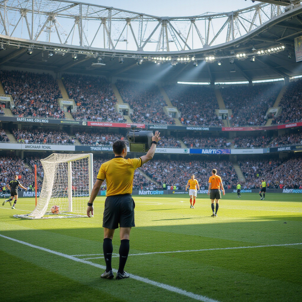 Alt-text: Sędzia piłkarski przegląda decyzję na ekranie VAR podczas meczu, w tle widoczne emocje kibiców.