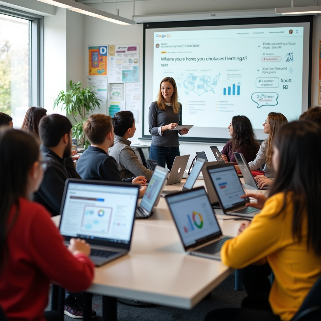 Nauczyciel korzystający z narzędzi Google Gemini w klasie, tworzący spersonalizowane plany lekcji dla uczniów.