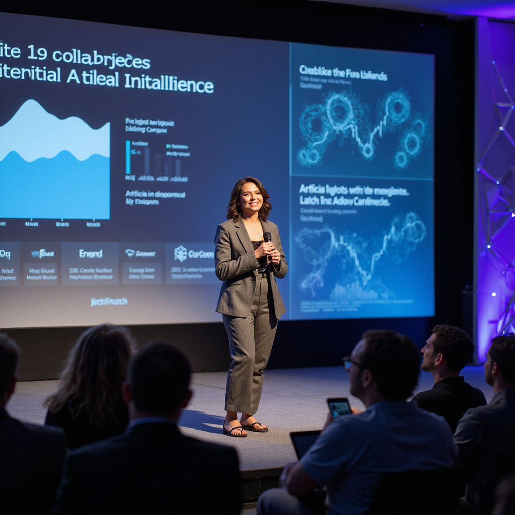 May Habib przemawiająca na scenie TechCrunch Disrupt 2025, otoczona przez publiczność składającą się z liderów branży technologicznej.