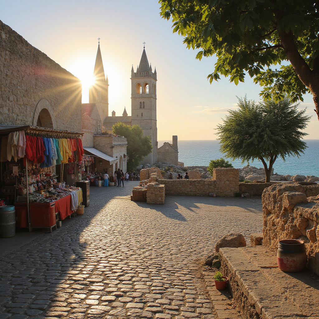 alt-text: Widok na zabytkowe mury obronne Famagusty z malowniczymi uliczkami w tle.