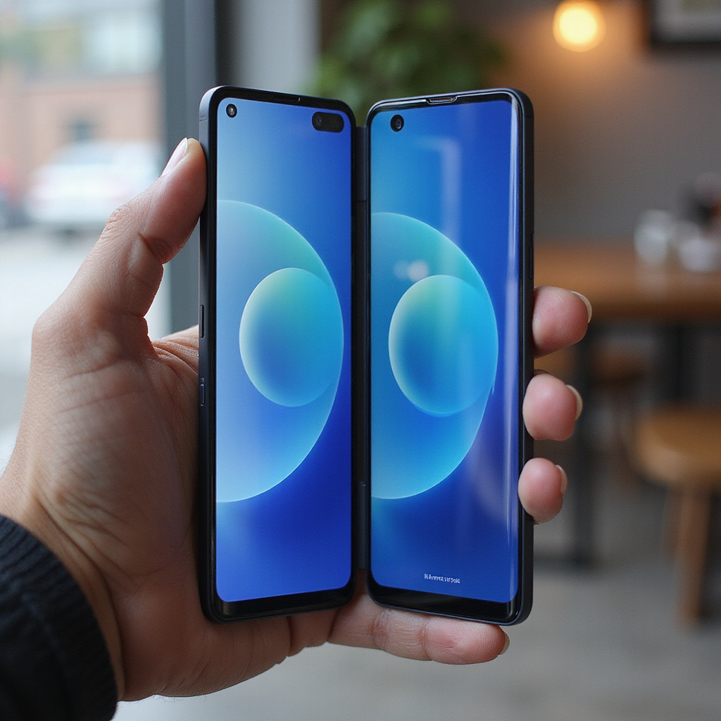 Składany smartfon z elastycznym ekranem pokazujący jego funkcjonalność w różnych scenariuszach użytkowania.