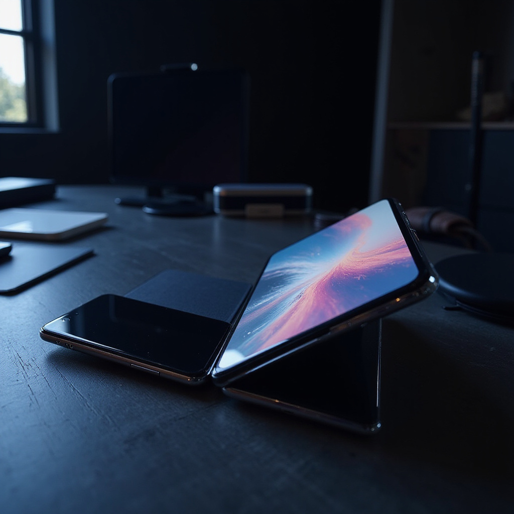 Składany smartfon z elastycznym ekranem pokazujący jego funkcjonalność w różnych scenariuszach użytkowania.