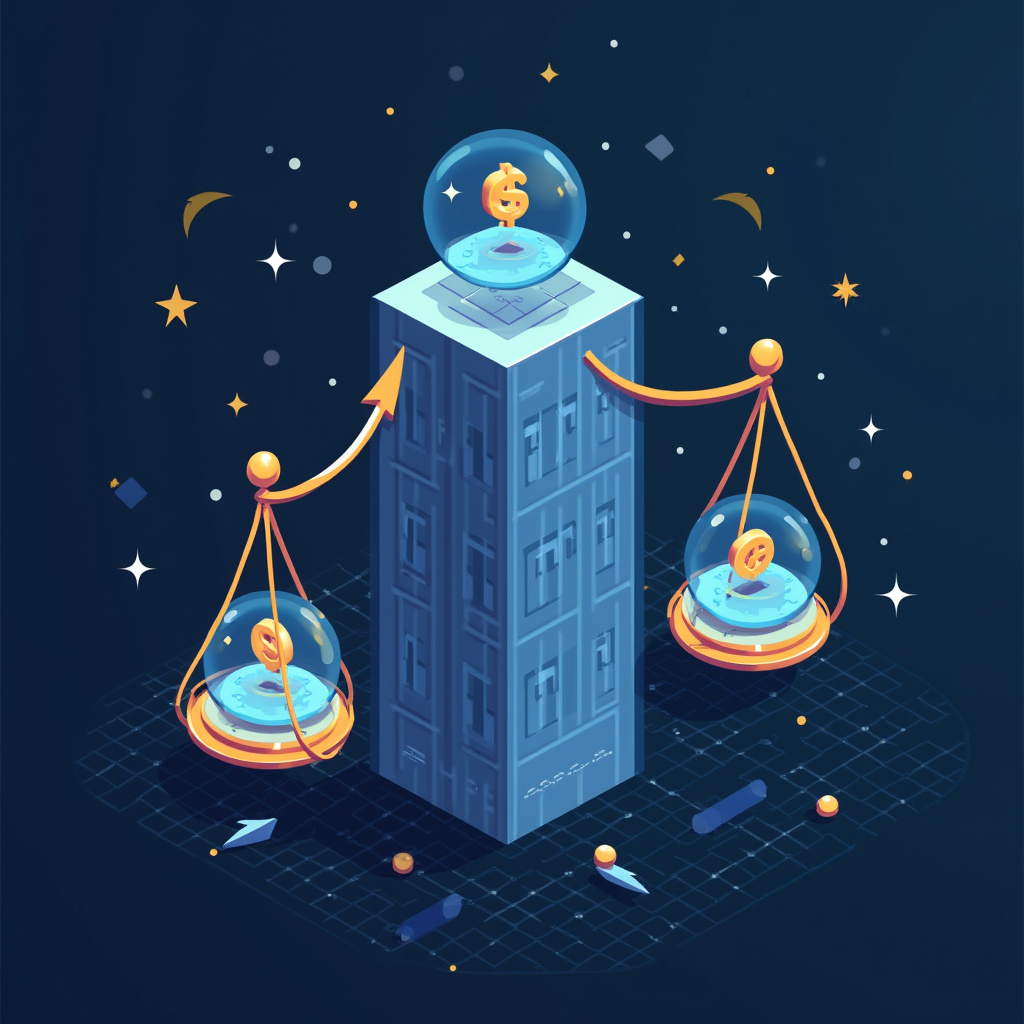 Alt-text: Ilustracja przedstawiająca stablecoiny jako most między tradycyjnymi walutami a kryptowalutami, symbolizująca stabilność i innowację w finansach cyfrowych.