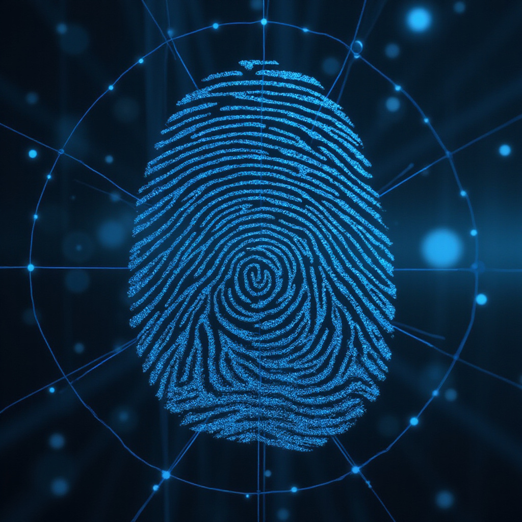 Alt-text: Grafika przedstawiająca różne technologie biometryczne: odcisk palca, rozpoznawanie twarzy i skan tęczówki.