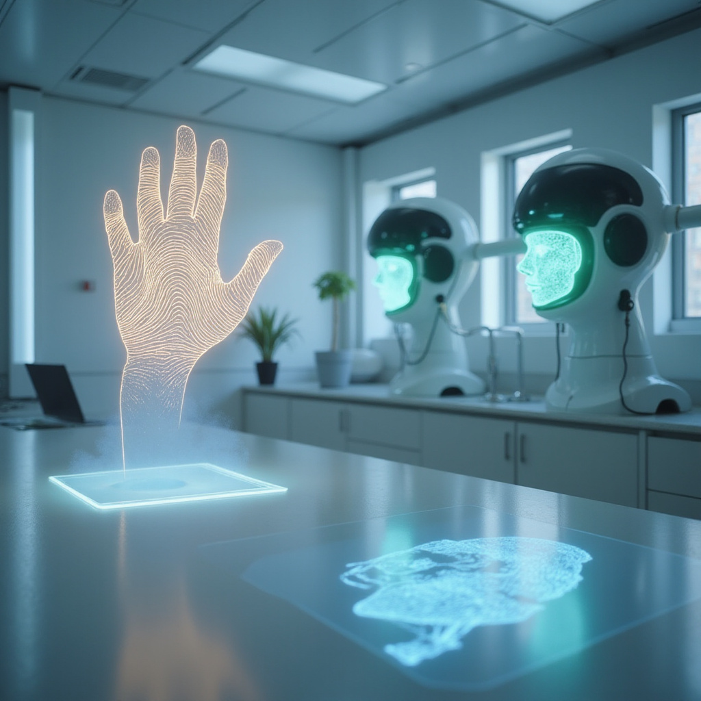 Alt-text: Grafika przedstawiająca różne technologie biometryczne: odcisk palca, rozpoznawanie twarzy i skan tęczówki.