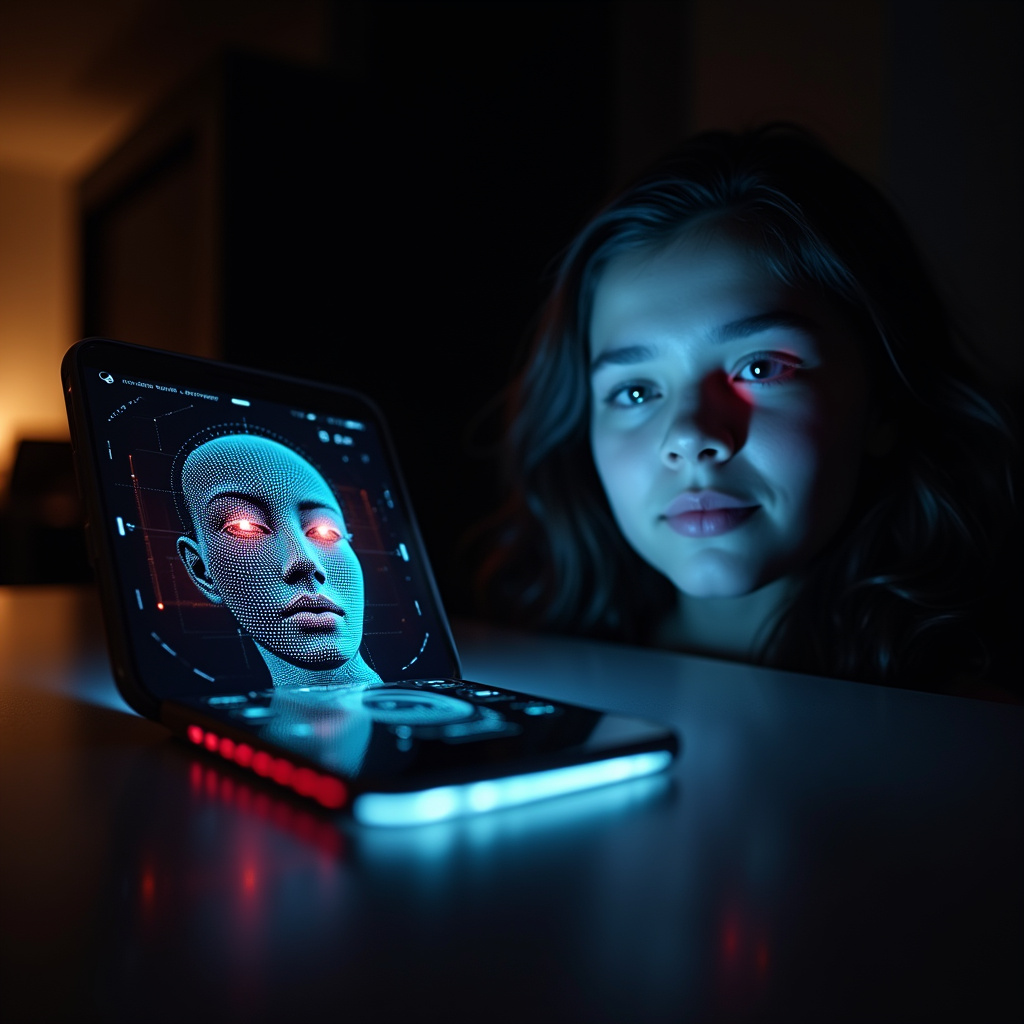 Alt-text: Smartfon z ekranem pokazującym ikonę rozpoznawania twarzy, symbolizujący zaawansowaną technologię biometryczną.