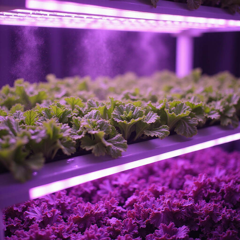 Alt-text: Pionowa farma z roślinami uprawianymi w systemie hydroponicznym, wykorzystującym technologię oszczędzania wody.