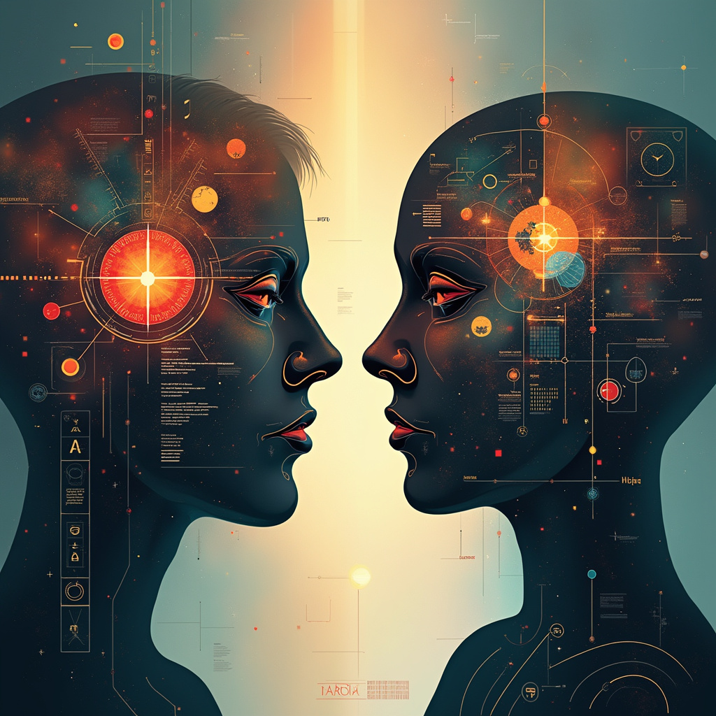 Alt-text: Diagram przedstawiający filozofów starożytnych obok nowoczesnych robotów, symbolizujący dialog między tradycyjną etyką a sztuczną inteligencją. ```