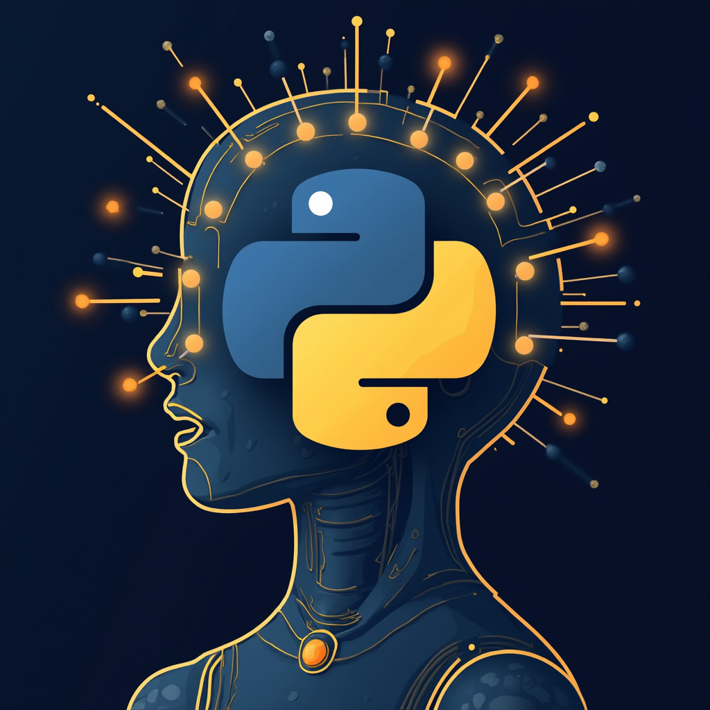 Alt-text: Kod Pythona z bibliotekami AI na tle wizualizacji sieci neuronowej