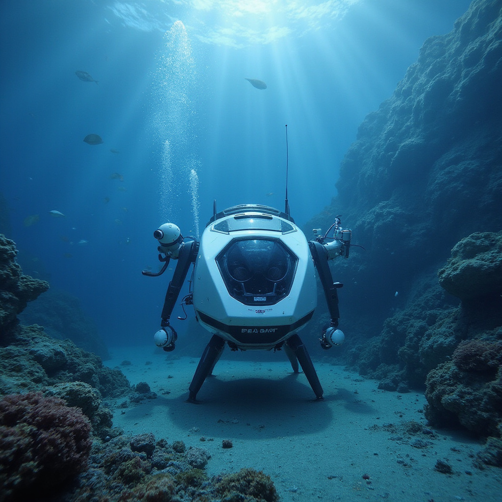 Alt-text dla obrazka: Robot podwodny z oświetleniem LED badający rafę koralową na dużych głębokościach ```