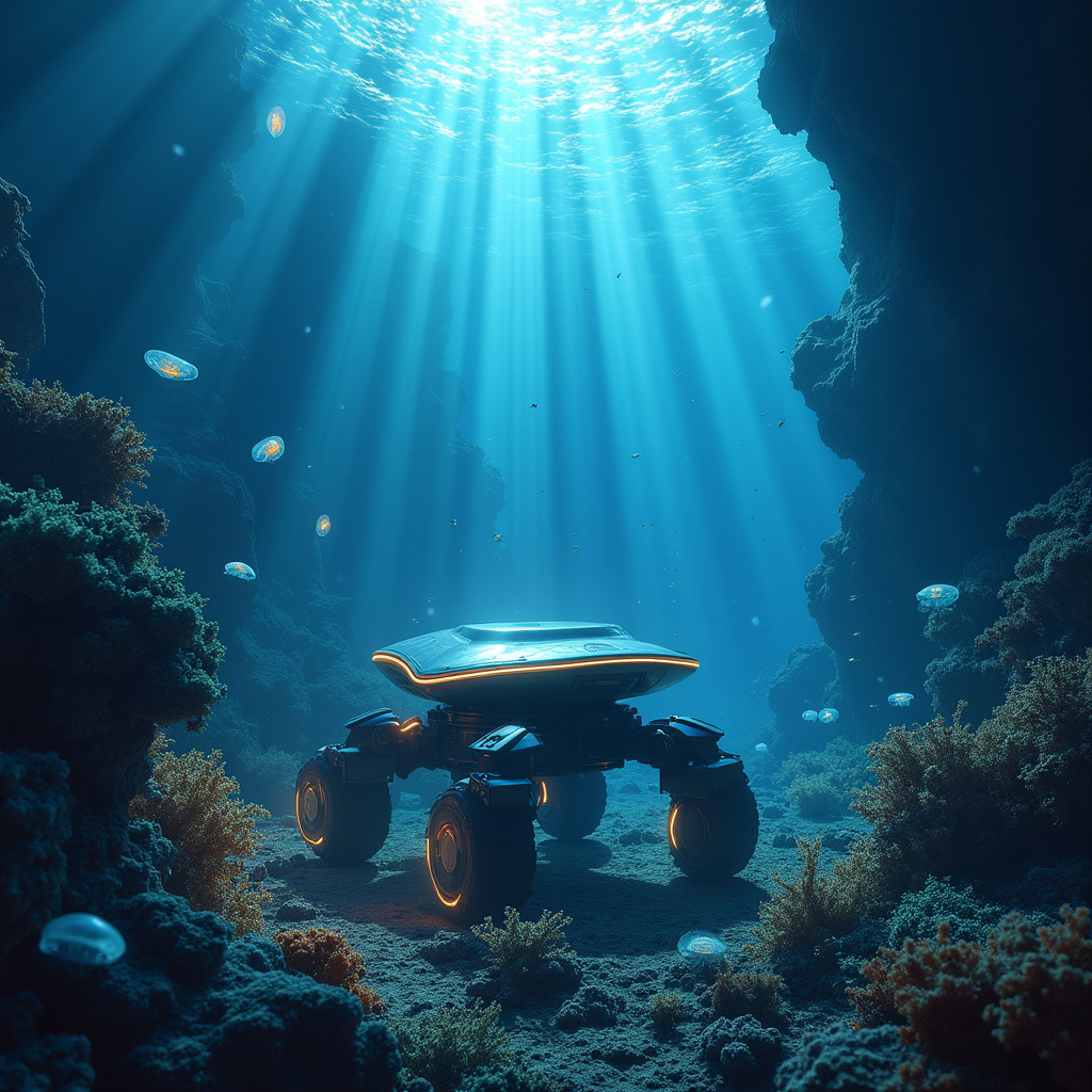 Alt-text dla obrazka: Robot podwodny z oświetleniem LED badający rafę koralową na dużych głębokościach ```