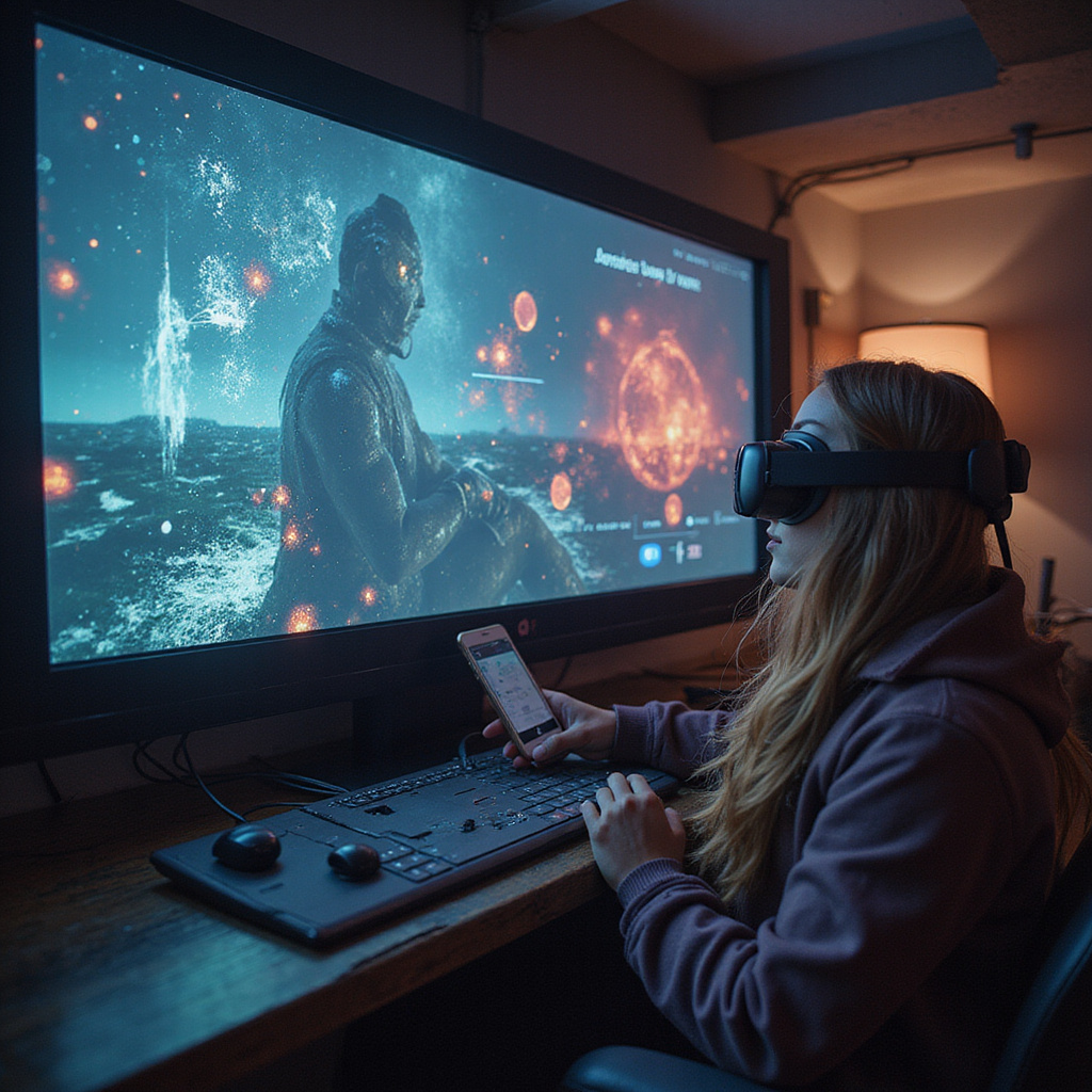 alt-text: Wizualizacja przyszłości rozrywki pokazująca użytkownika interagującego z holograficznym interfejsem gry w przestrzeni AR ```