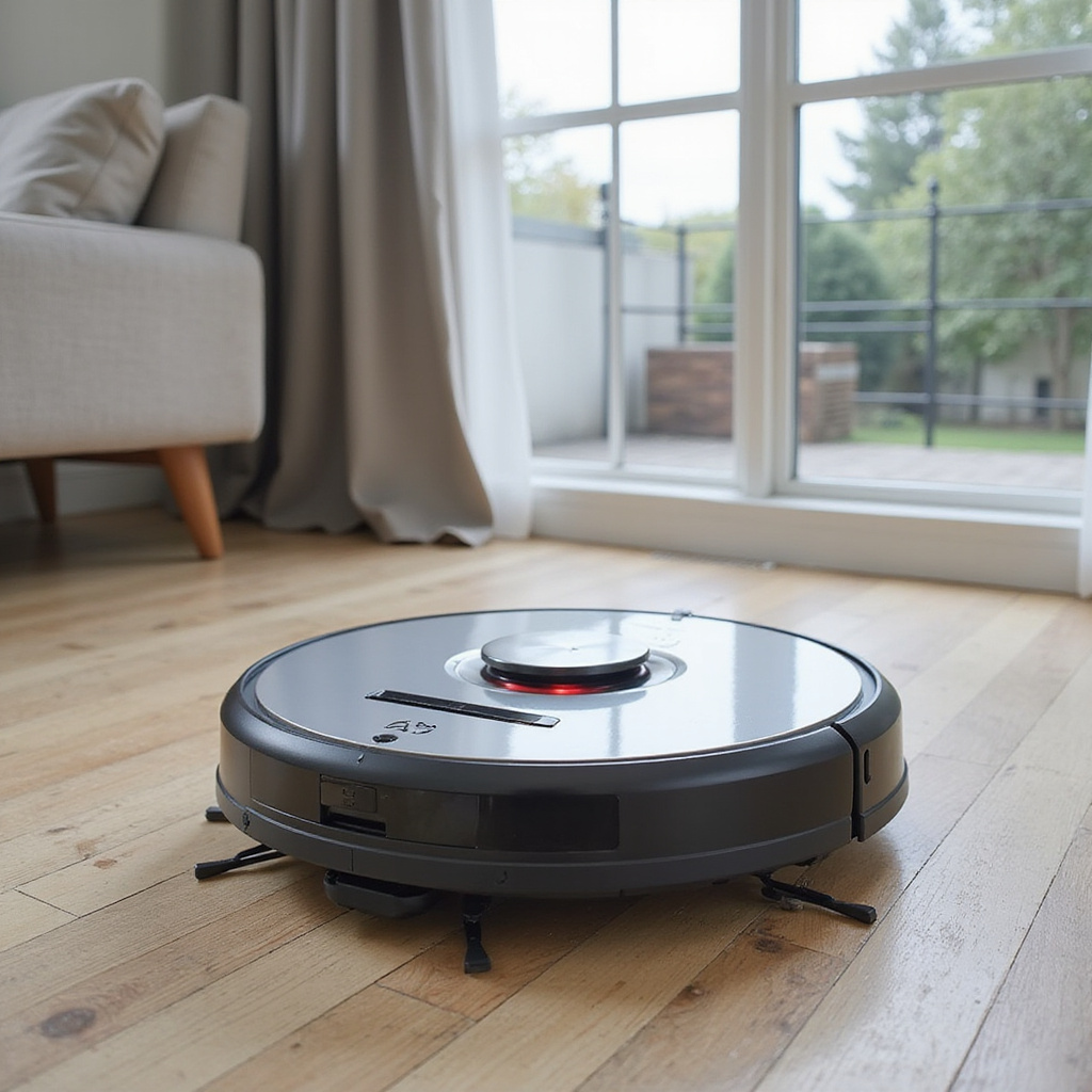Alt-text: Inteligentny robot sprzątający z funkcją mapowania i AI pracujący w nowoczesnym salonie.