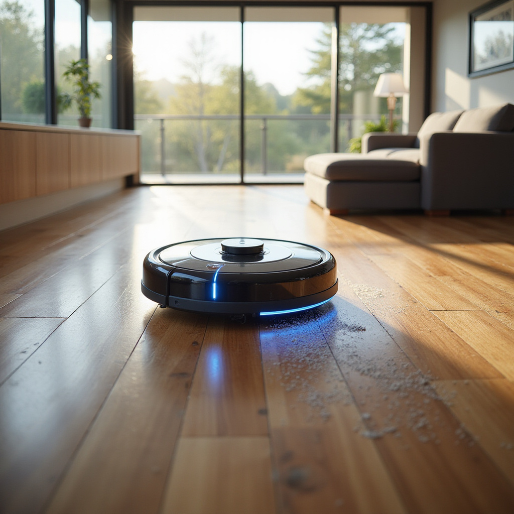 Alt-text: Inteligentny robot sprzątający z funkcją mapowania i AI pracujący w nowoczesnym salonie.