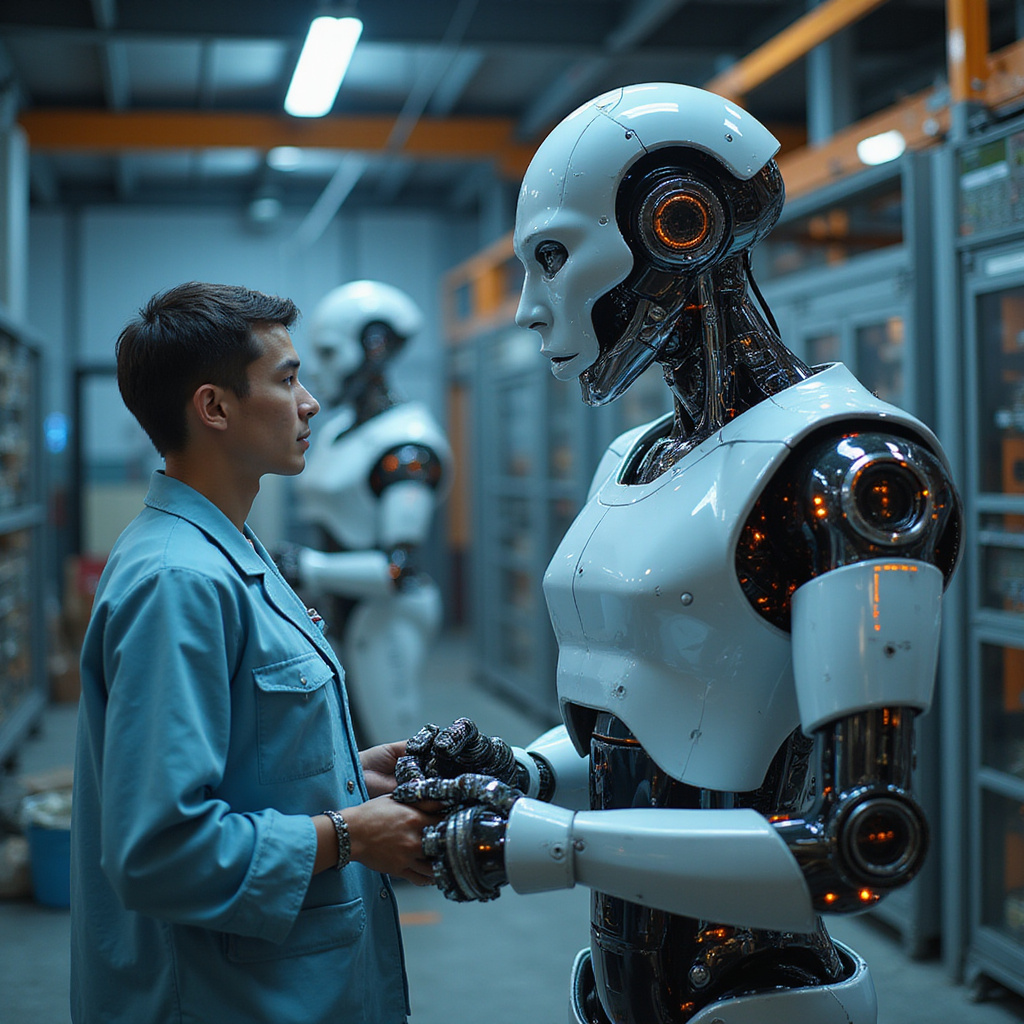 Alt-text: Robot przemysłowy współpracujący z człowiekiem na hali produkcyjnej nowoczesnej fabryki