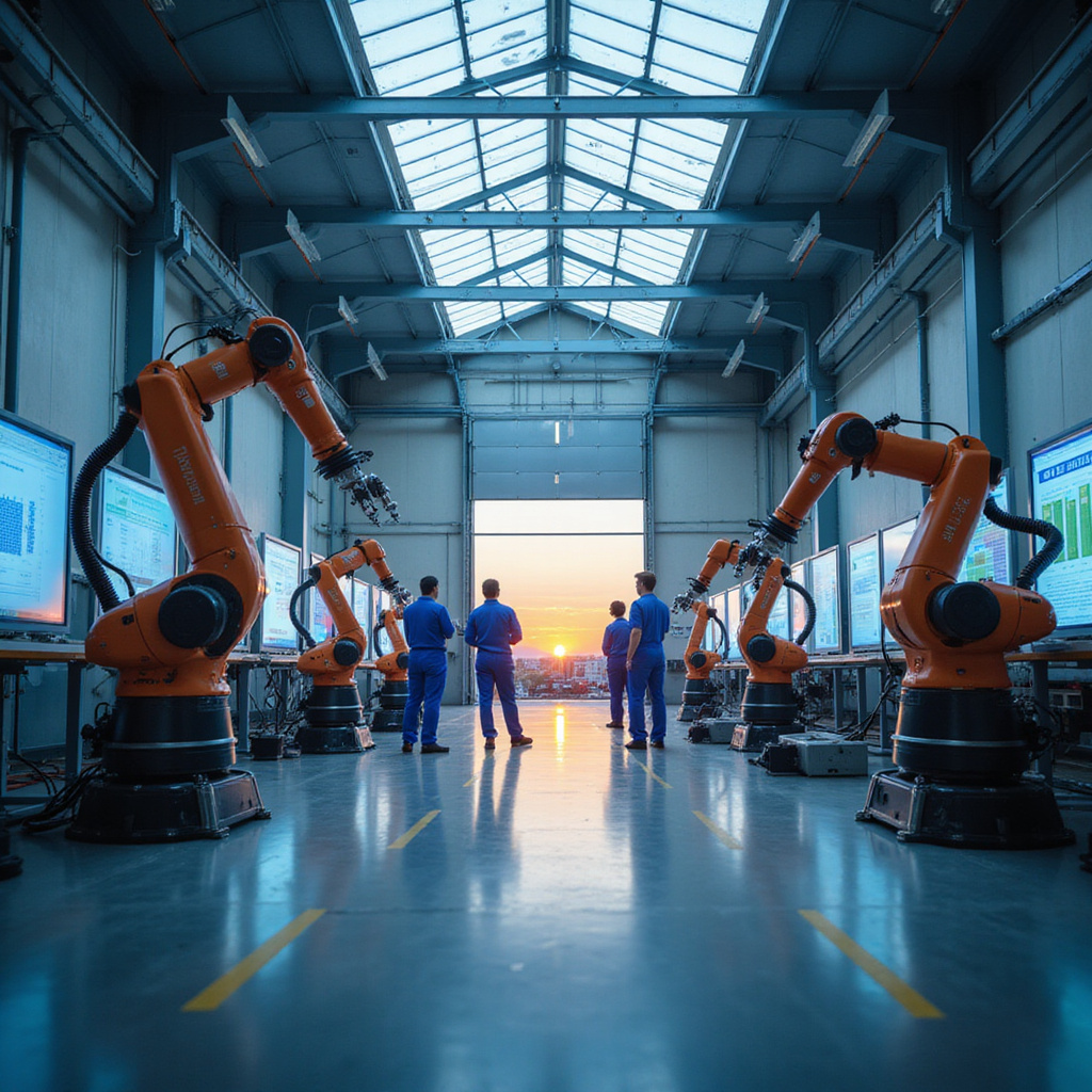 Alt-text: Robot przemysłowy współpracujący z człowiekiem na hali produkcyjnej nowoczesnej fabryki