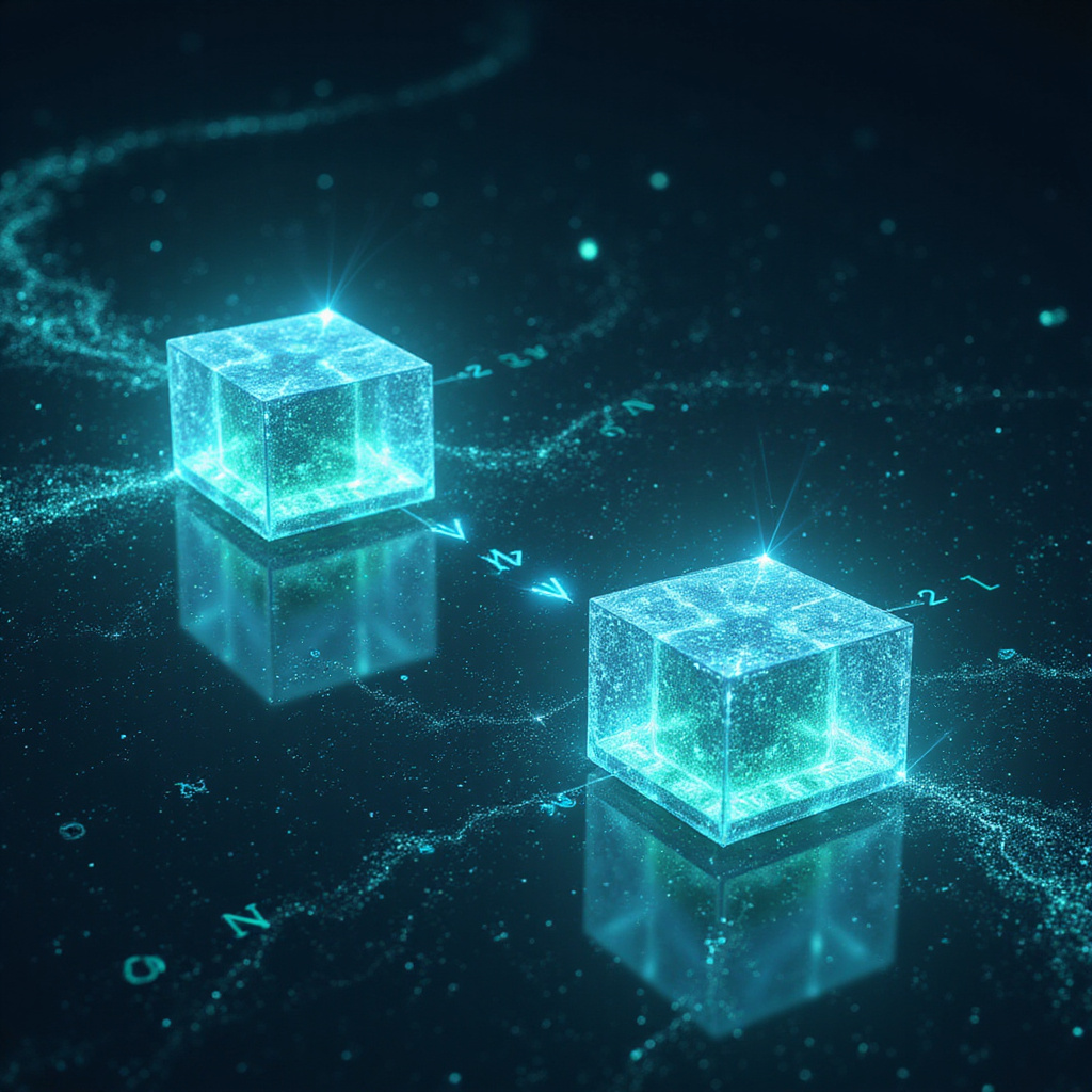 Grafika ilustrująca fuzję KV-Cache między dwoma modelami LLM, z wizualizacją warstw i strzałkami symbolizującymi transfer semantyczny, w stylu abstrakcyjnym z elementami sieci neuronowych.