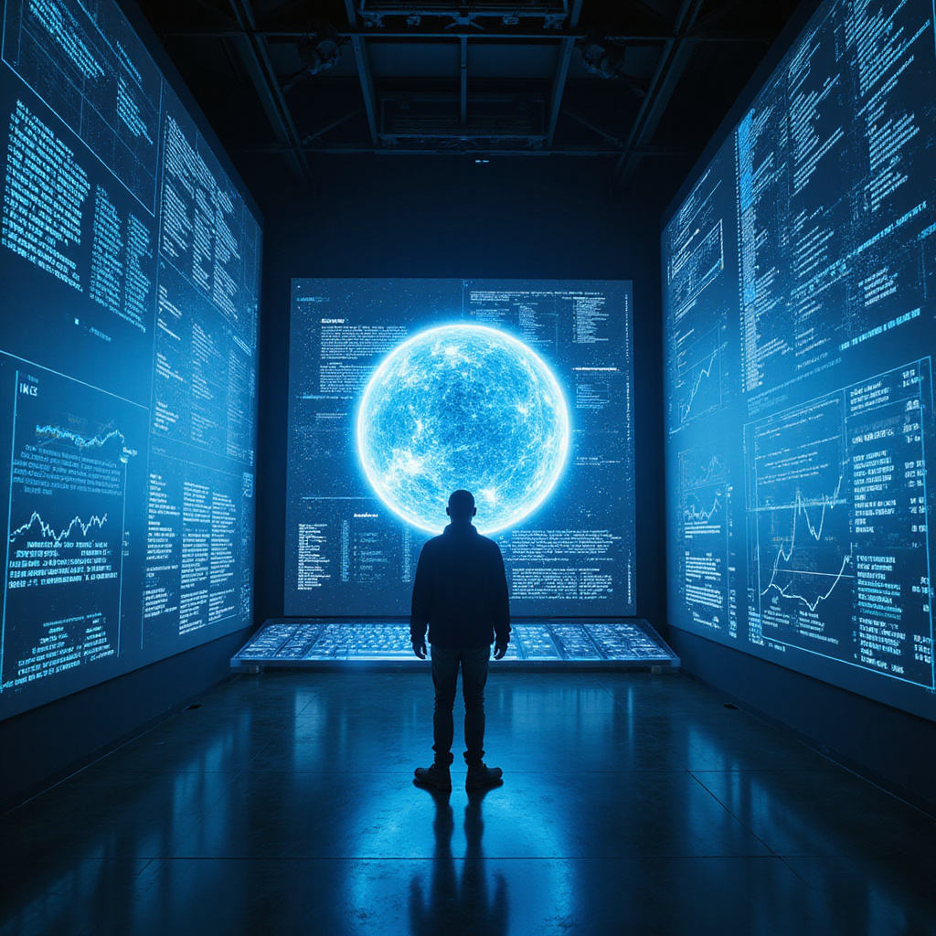 Sztuczna inteligencja Gemini 3 z szeroko otwartym oknem dialogowym na ekranie komputera, wyrażająca zdziwienie cyfrowymi danymi pokazującymi rok 2025. W tle widać postać badacza AI, Andreja Karpathyego, który wskazuje na monitor z uśmiechem.