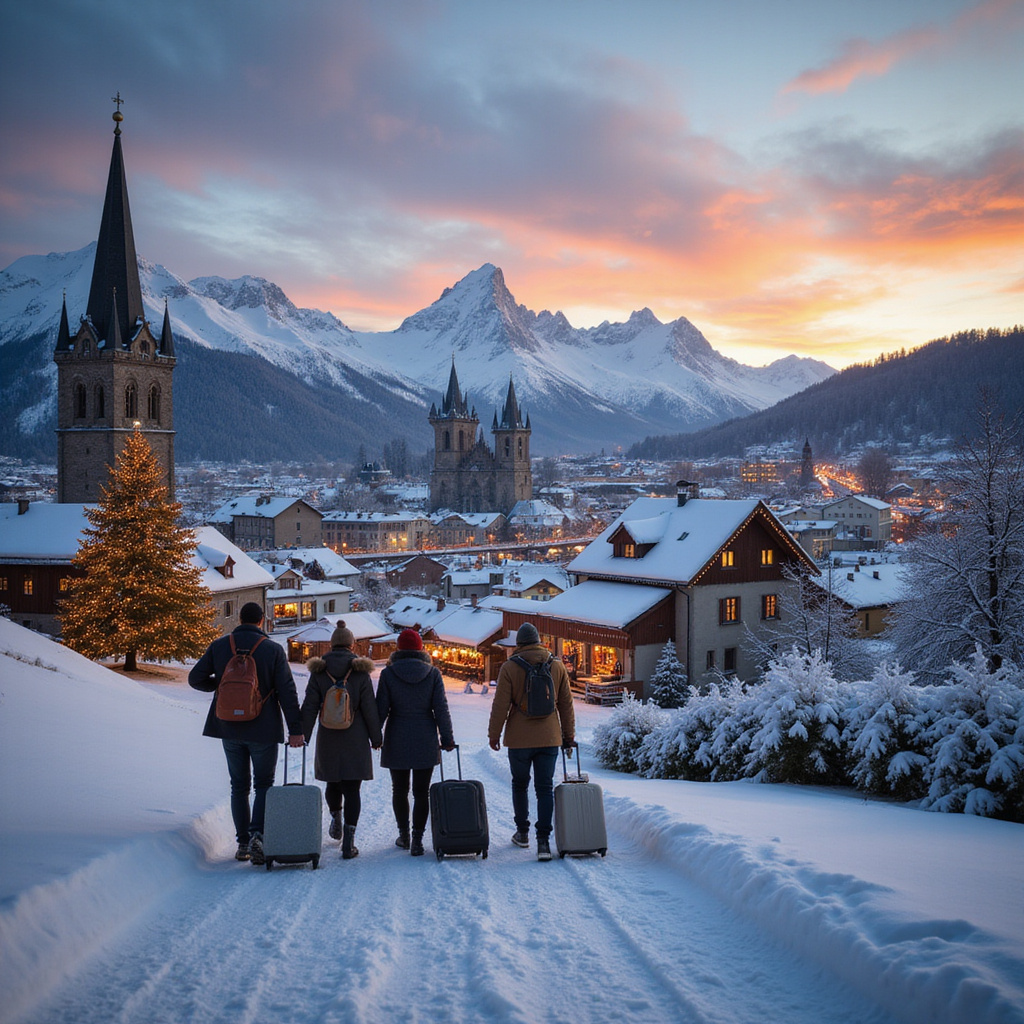 Grafika pokazujaca swiateczne trhy w Strasburgu z sniegiem i lampionami