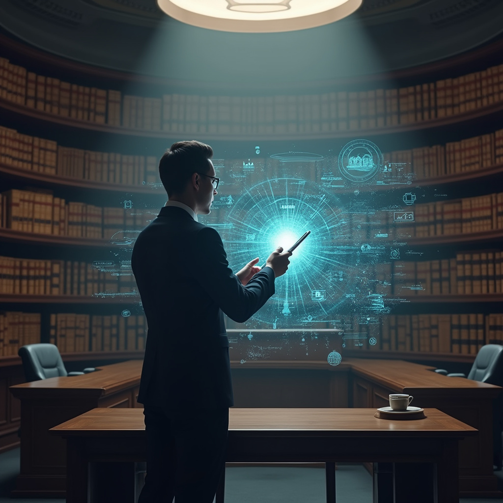 Młody prawnik przy komputerze prezentujący interfejs Harvey AI podczas spotkania z inwestorami w nowoczesnym biurze w Dolinie Krzemowej