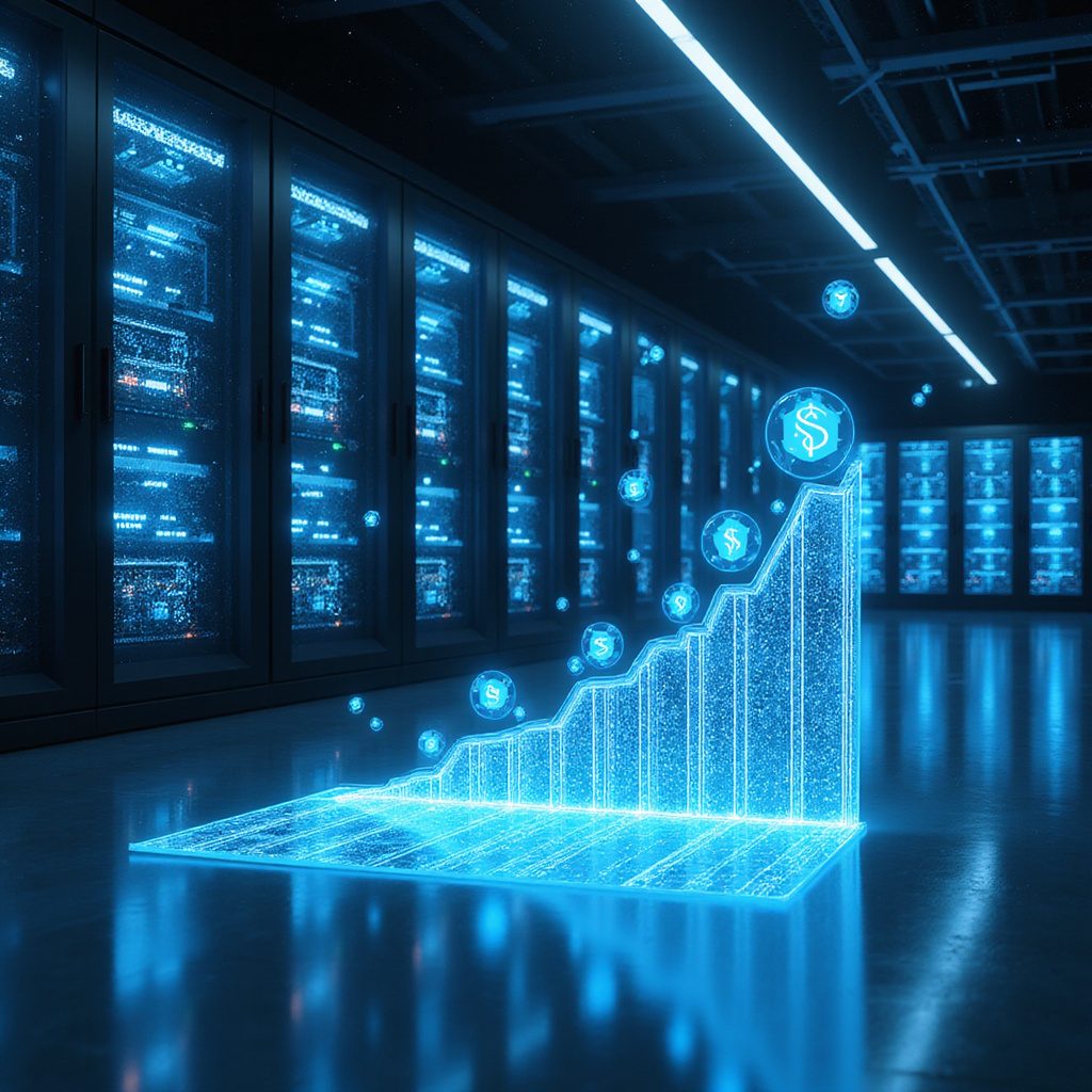 Dyrektor generalny Nvidii Jensen Huang prezentuje najnowsze wyniki finansowe firmy podczas konferencji prasowej, w tle wykres wzrostu przychodów z segmentu AI. ```